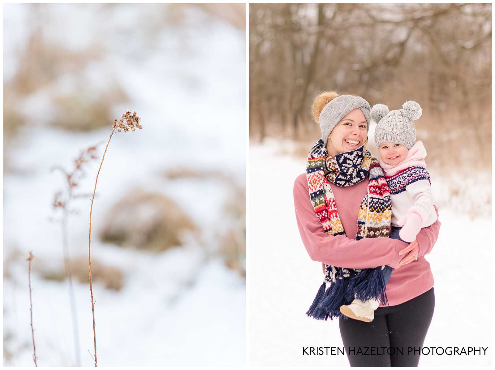 Snowy photos in Oak Park of a mom and toddler wearing snow gear