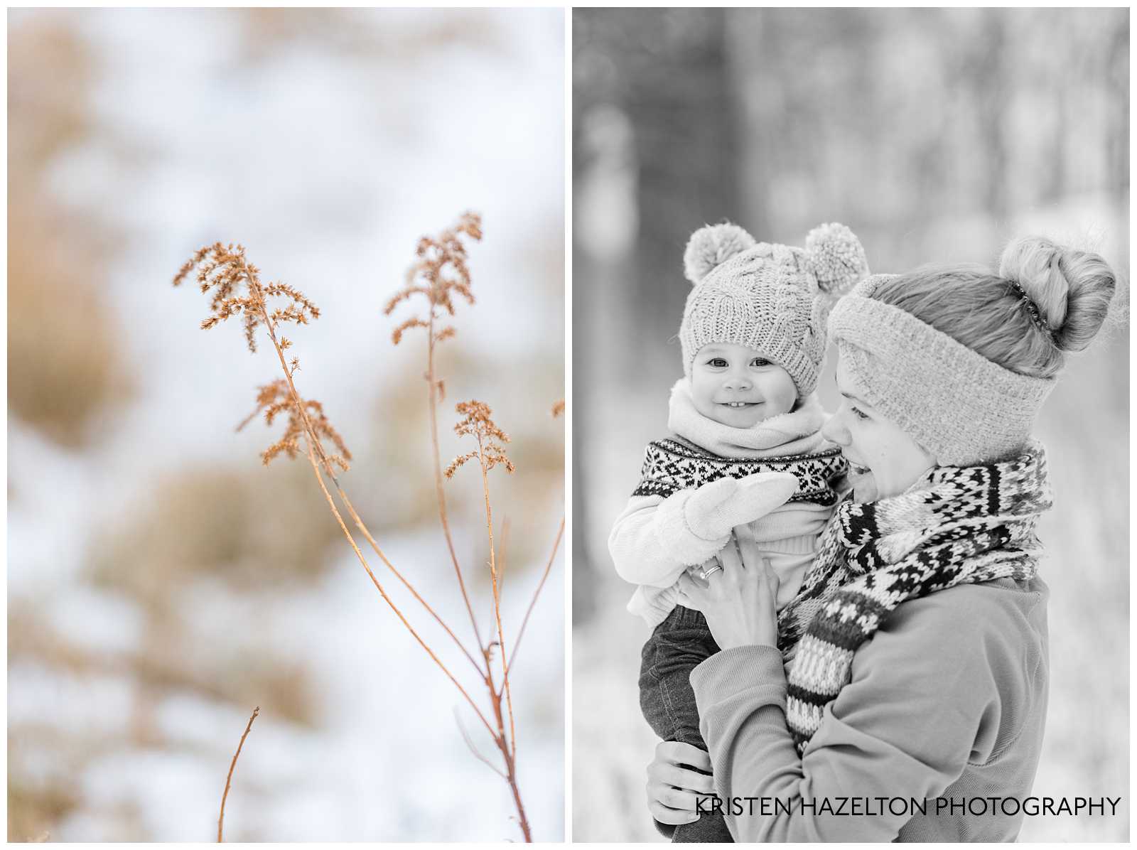 Black and white photo of mom holding her toddler daughter. Both are wearing winter snow gear.