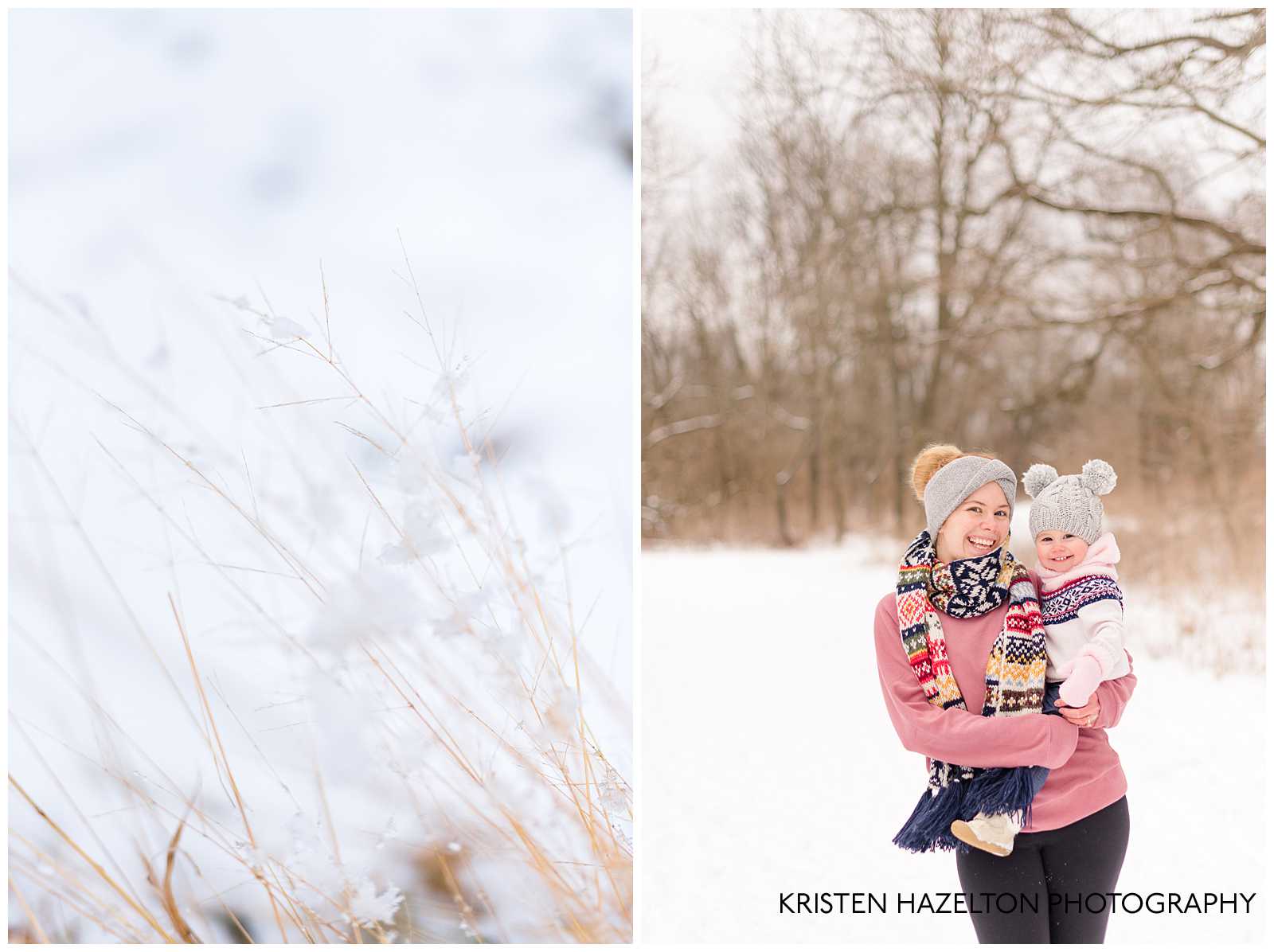 Snowy photos of a mom holding her daughter and walking along a trail in the woods
