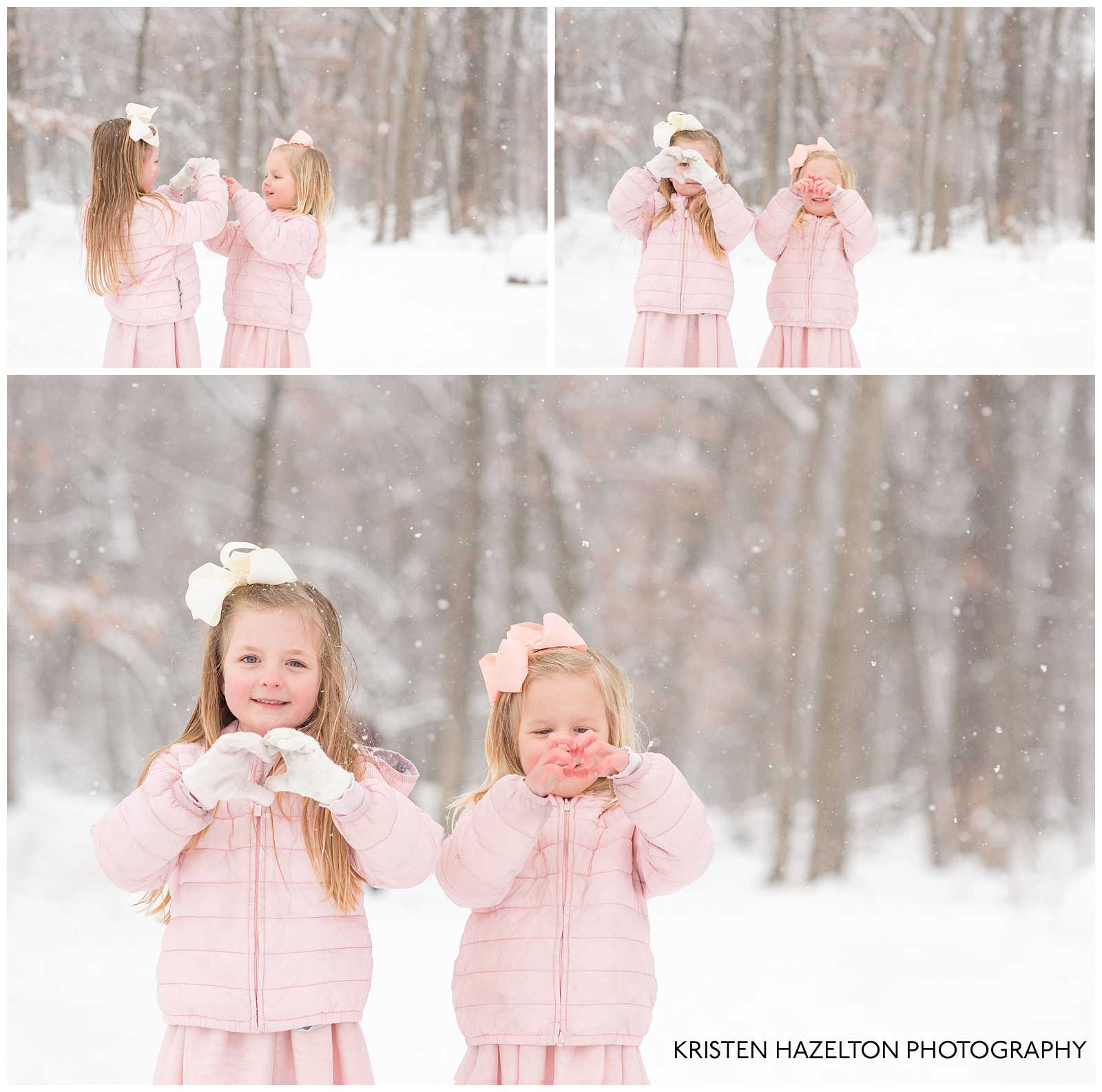 Two sisters making hearts with their hands at a snowfall photoshoot