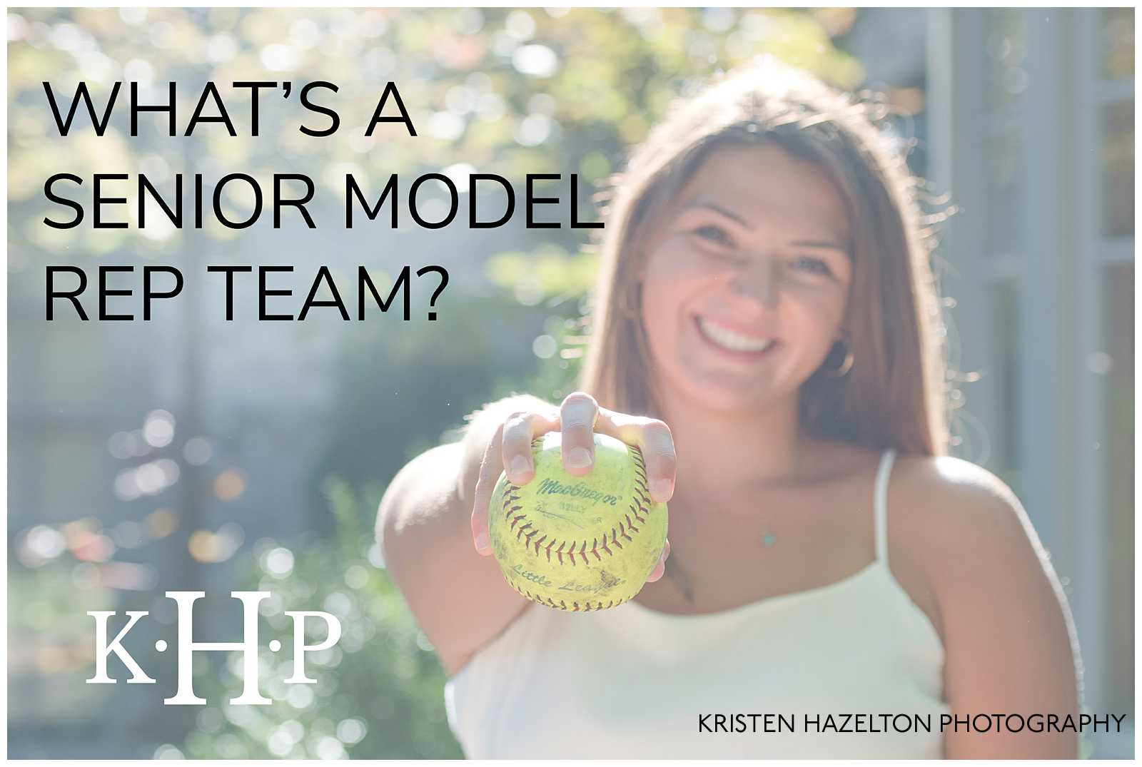 What's a senior model rep team graphic over a photo of a high school senior girl holding out a softball. 
