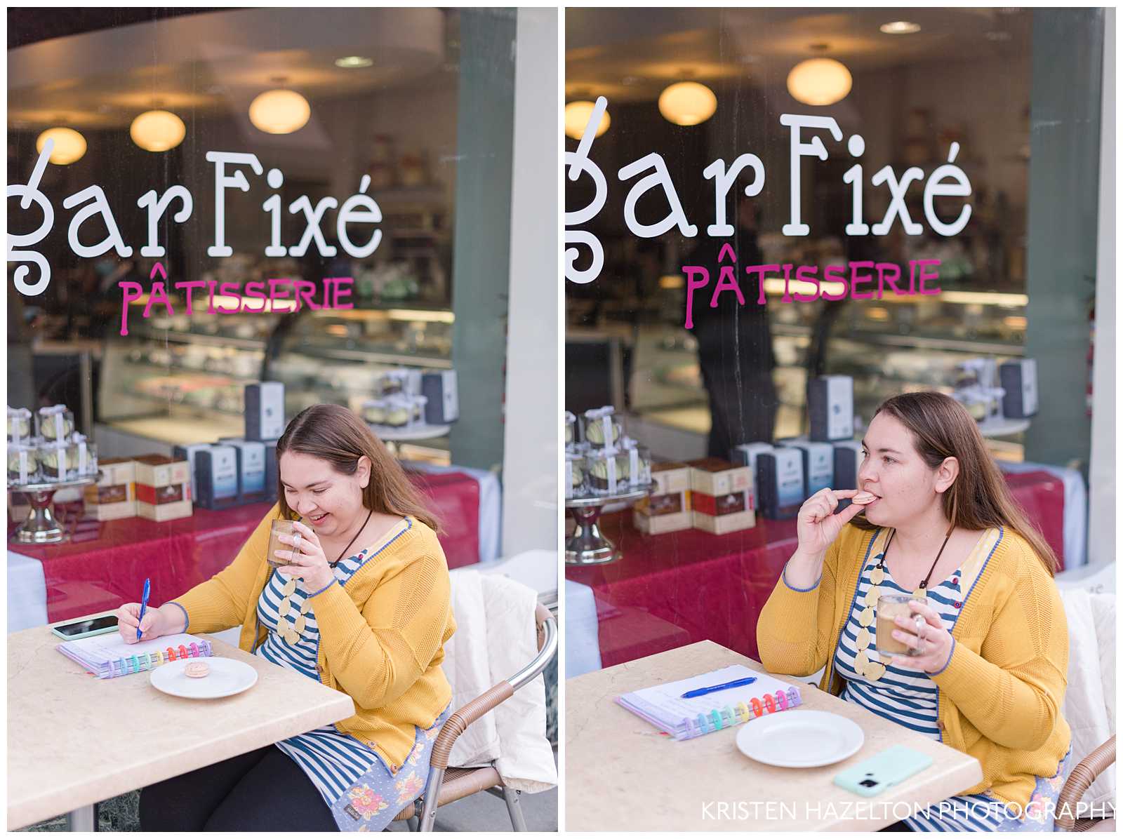 Woman in yellow cardigan drinking a coffee and eating a macaron at a patisserie