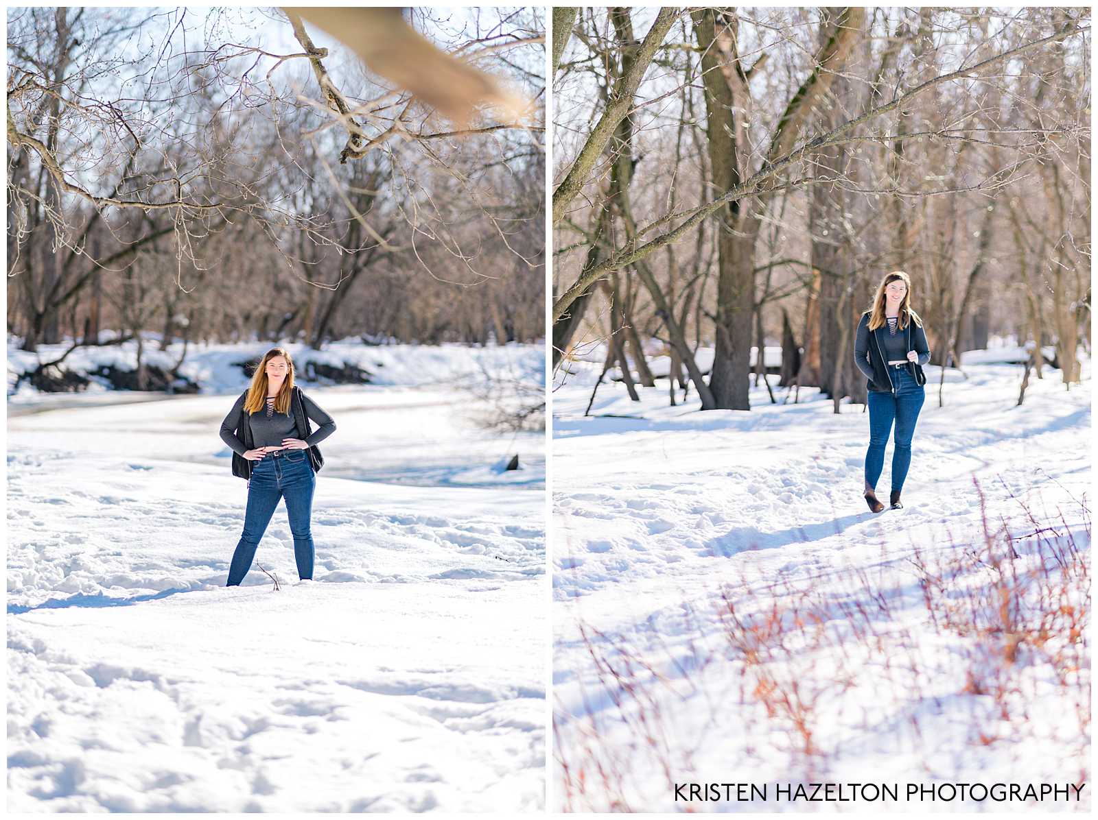 Winter senior photos in the forest preserves in Chicagoland