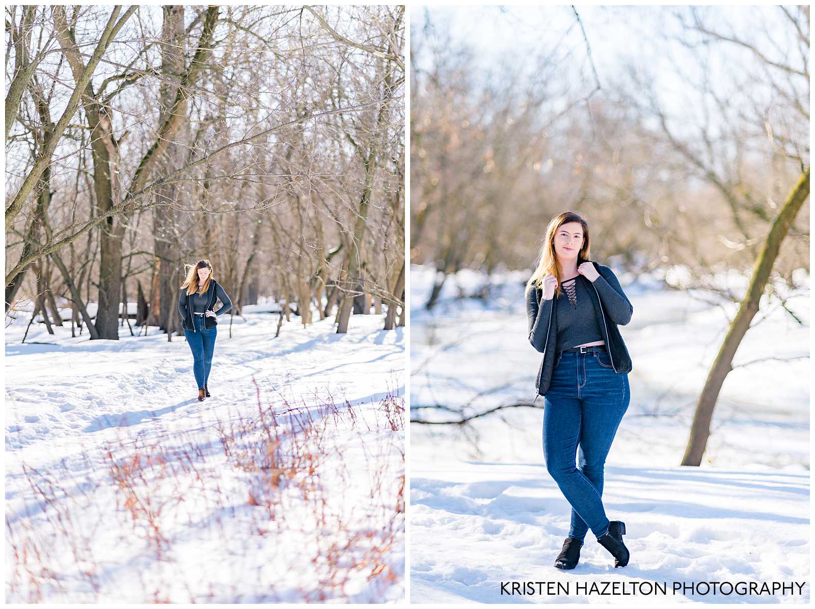 College senior girl in the winter woods