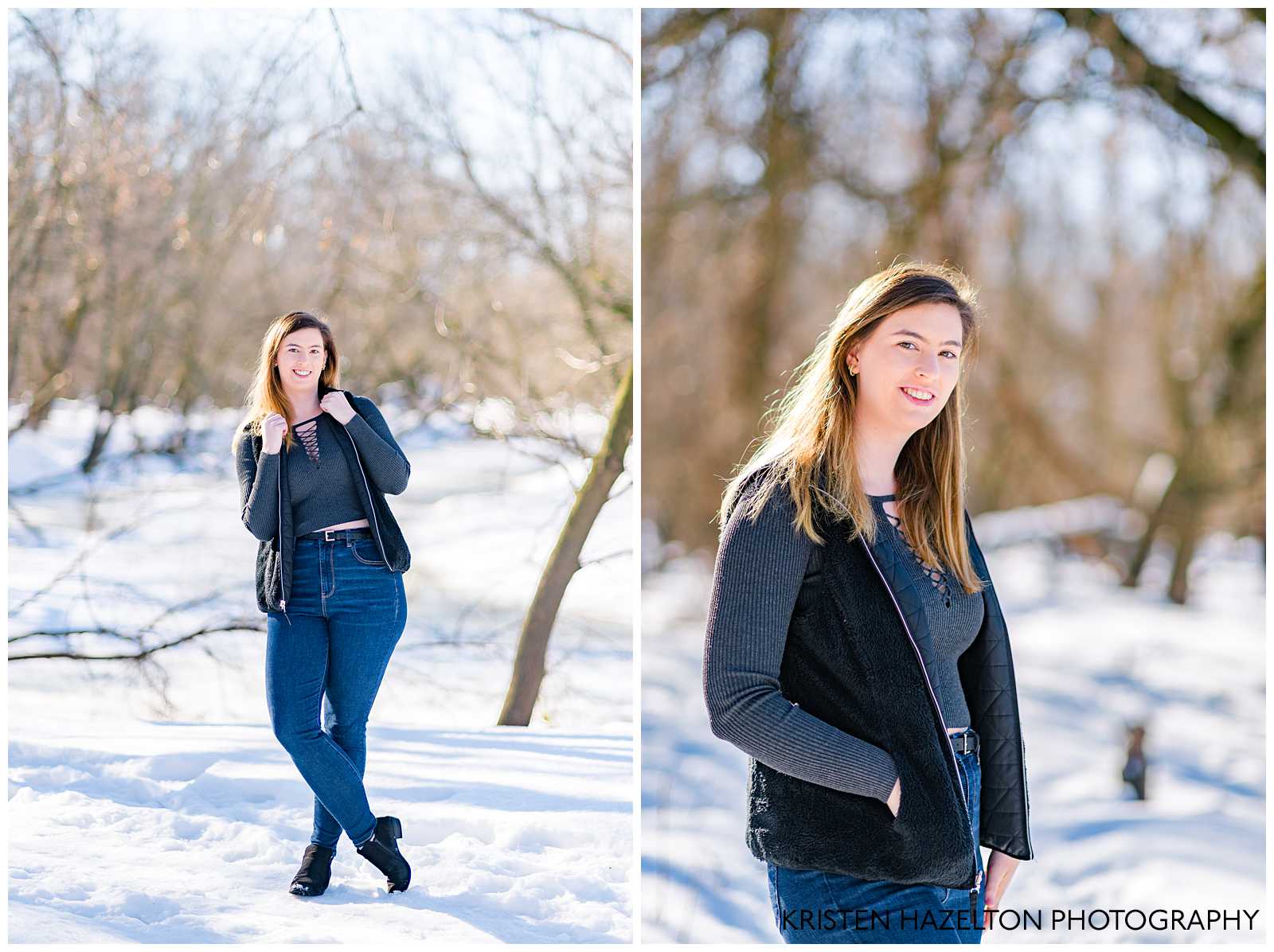 Photos of a senior girl in front of a frozen river
