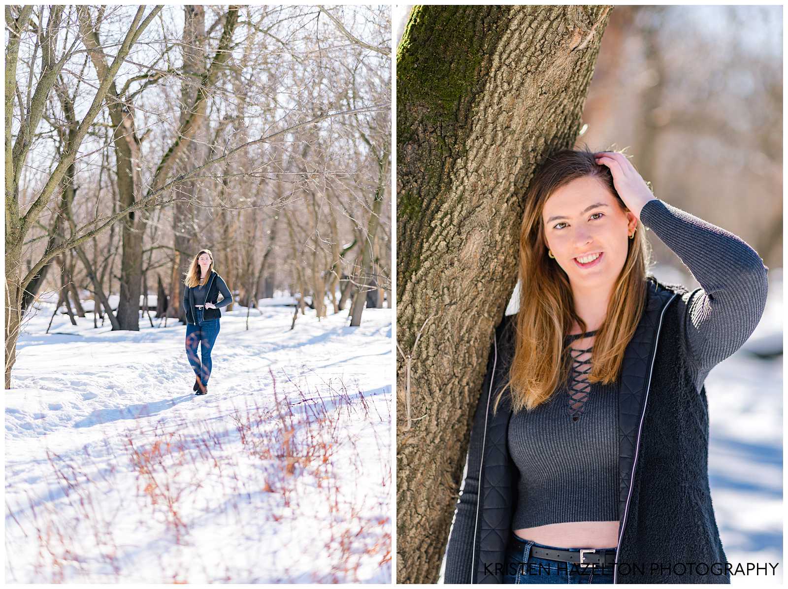 Portrait of a College senior girl leaning against a tree.