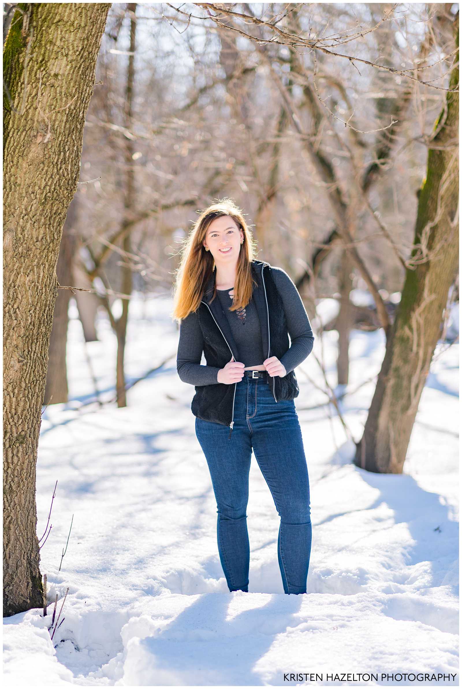 Portraits of a college senior girl in winter