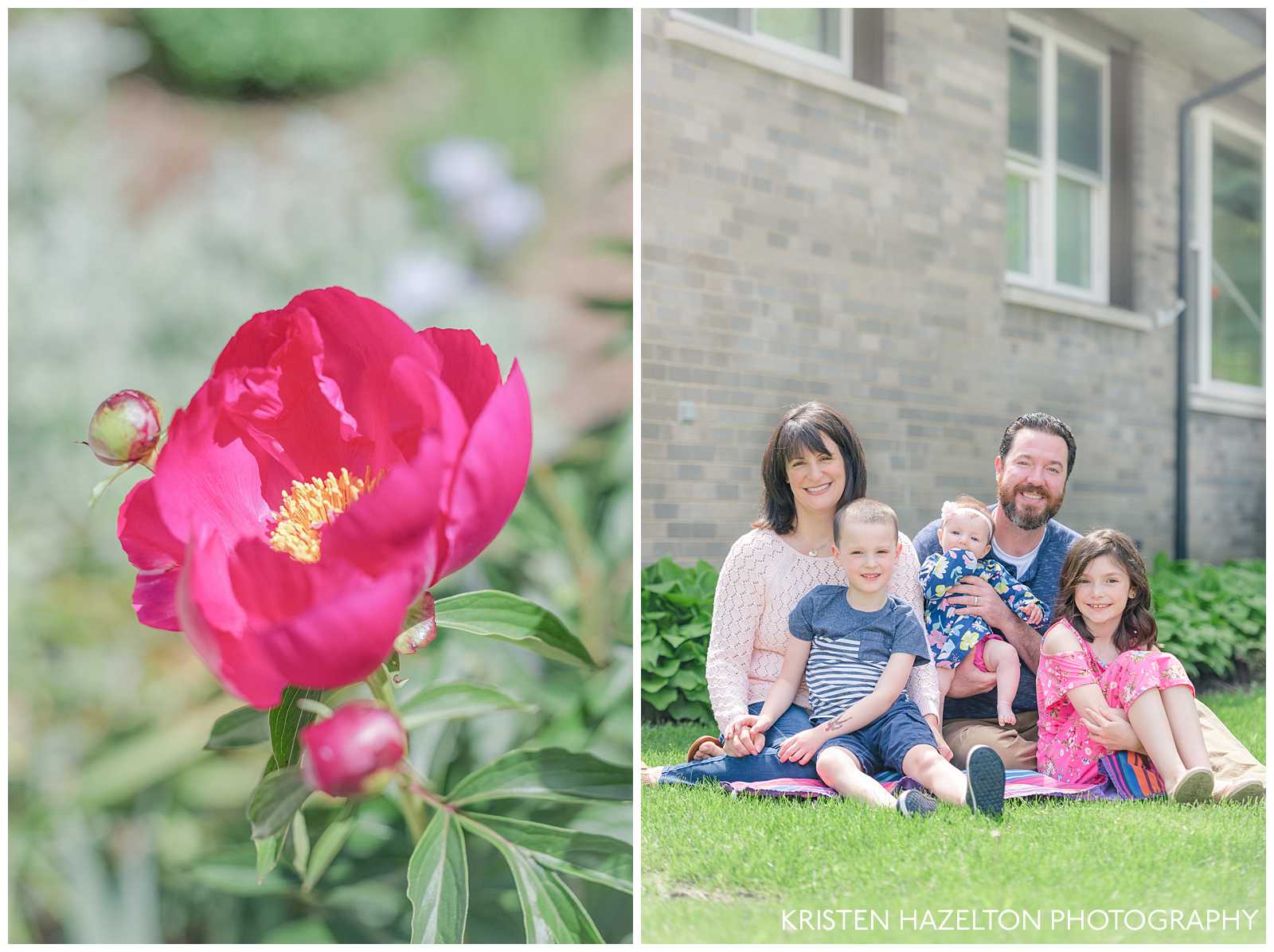 Family of five on their front yard from a Chicago front porch photoshoot
