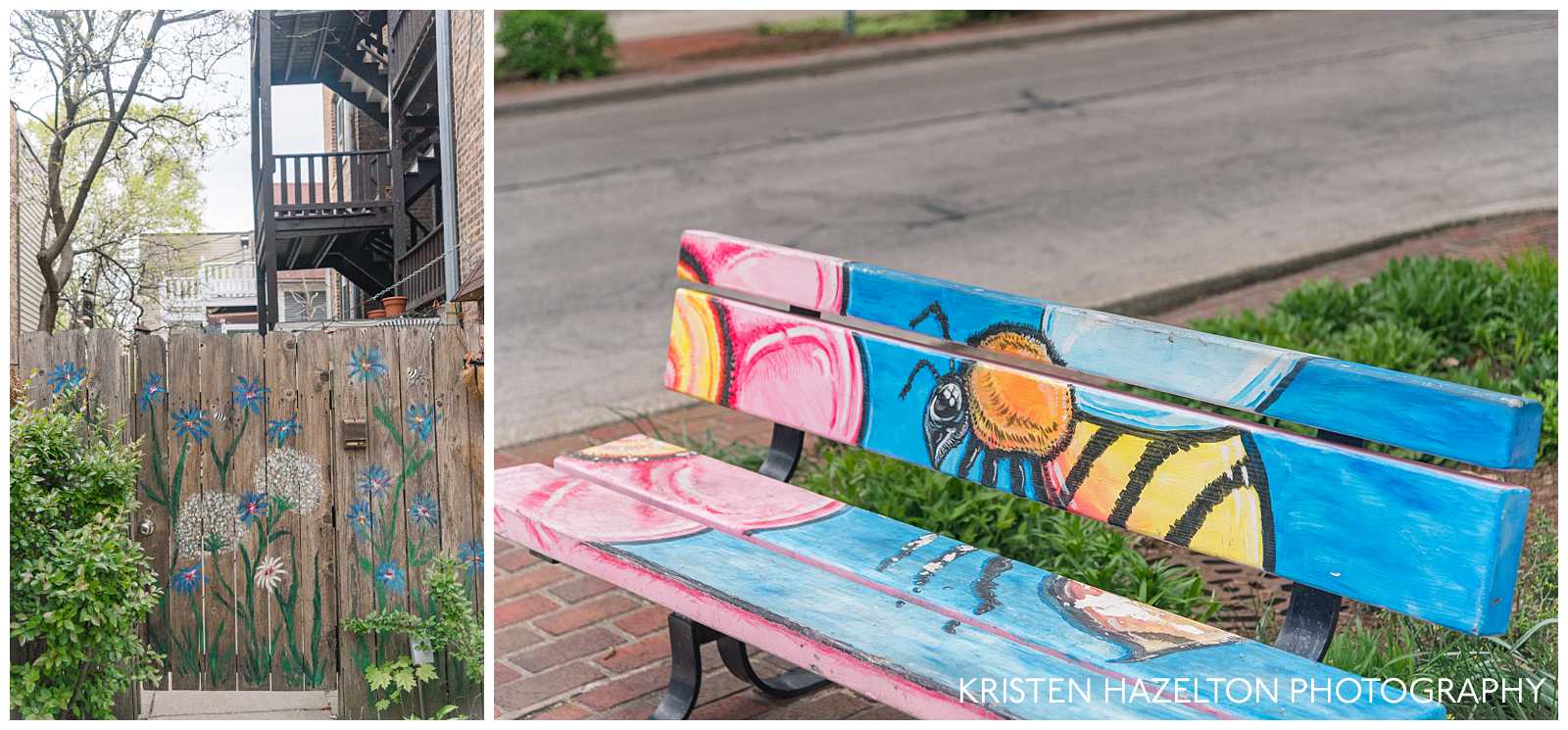 Painted fences and benches in the Oak Park Arts District