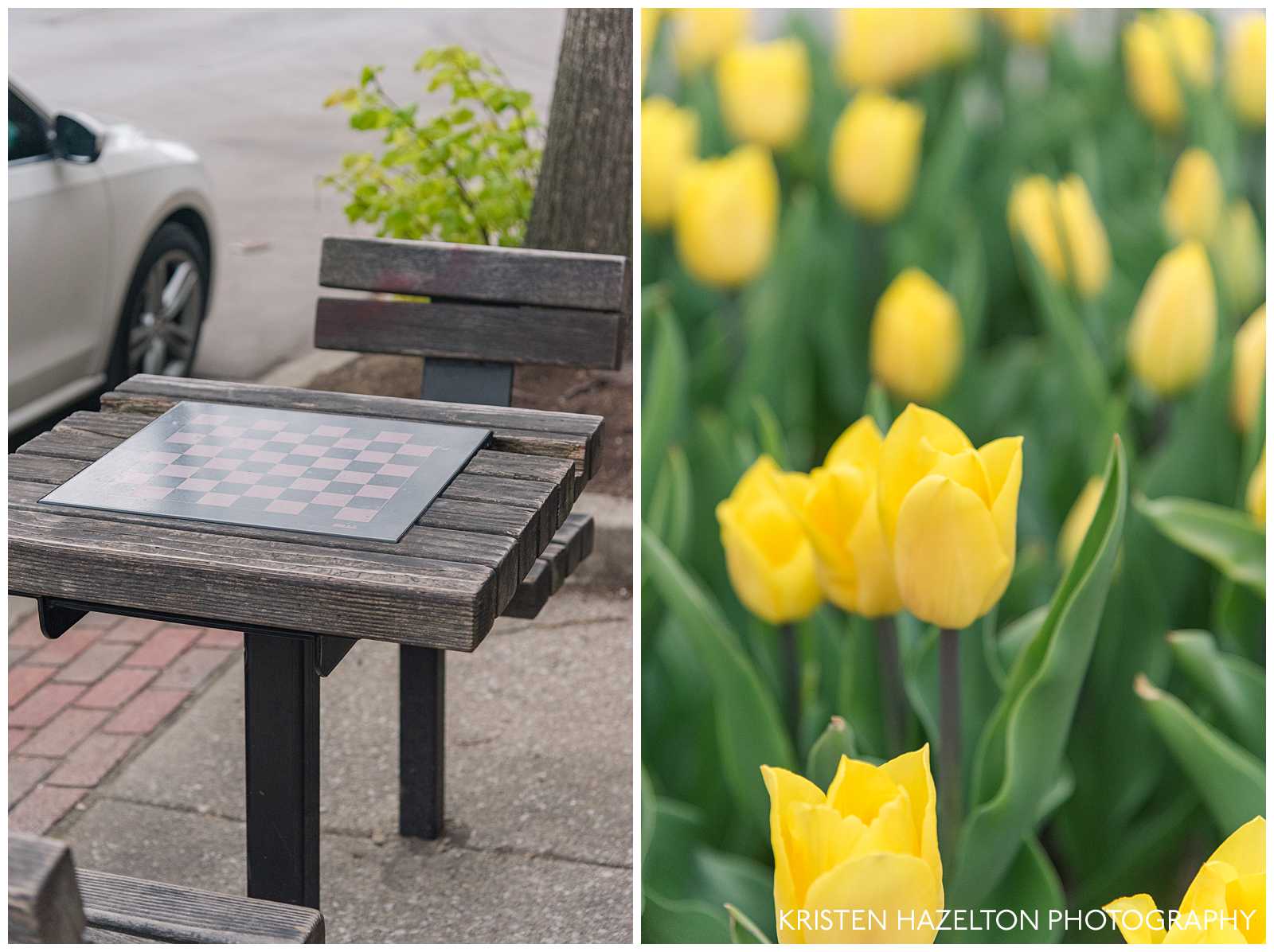 A chess table set up along the sidewalk on Harrison St in Oak Park, IL