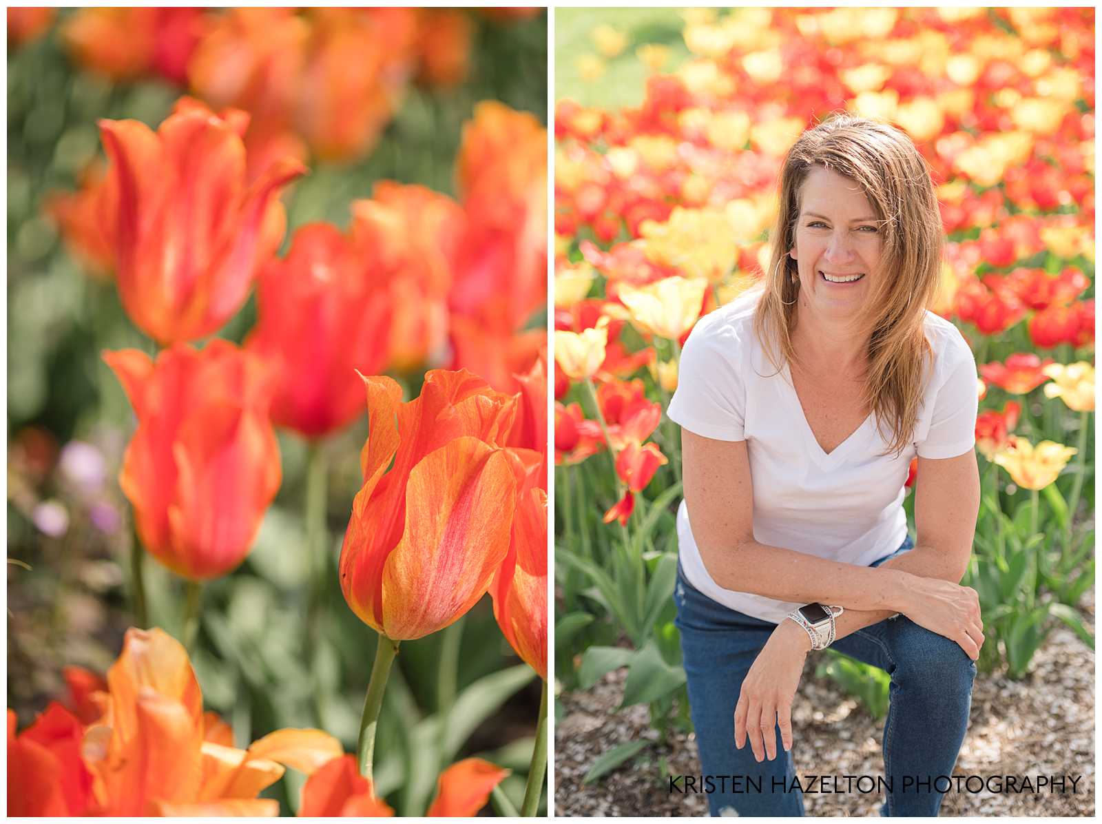 Woman posing with orange and yellow tulips by Lombard, IL photographer Kristen Hazelton