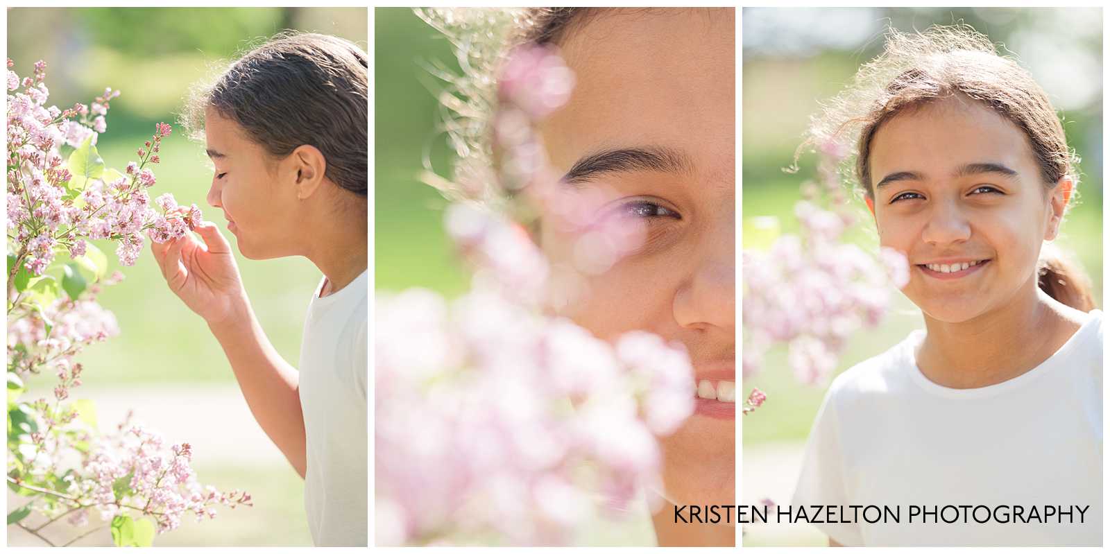 Tween girl smelling lilacs at a mother's day photo shoot in Lombard, IL.