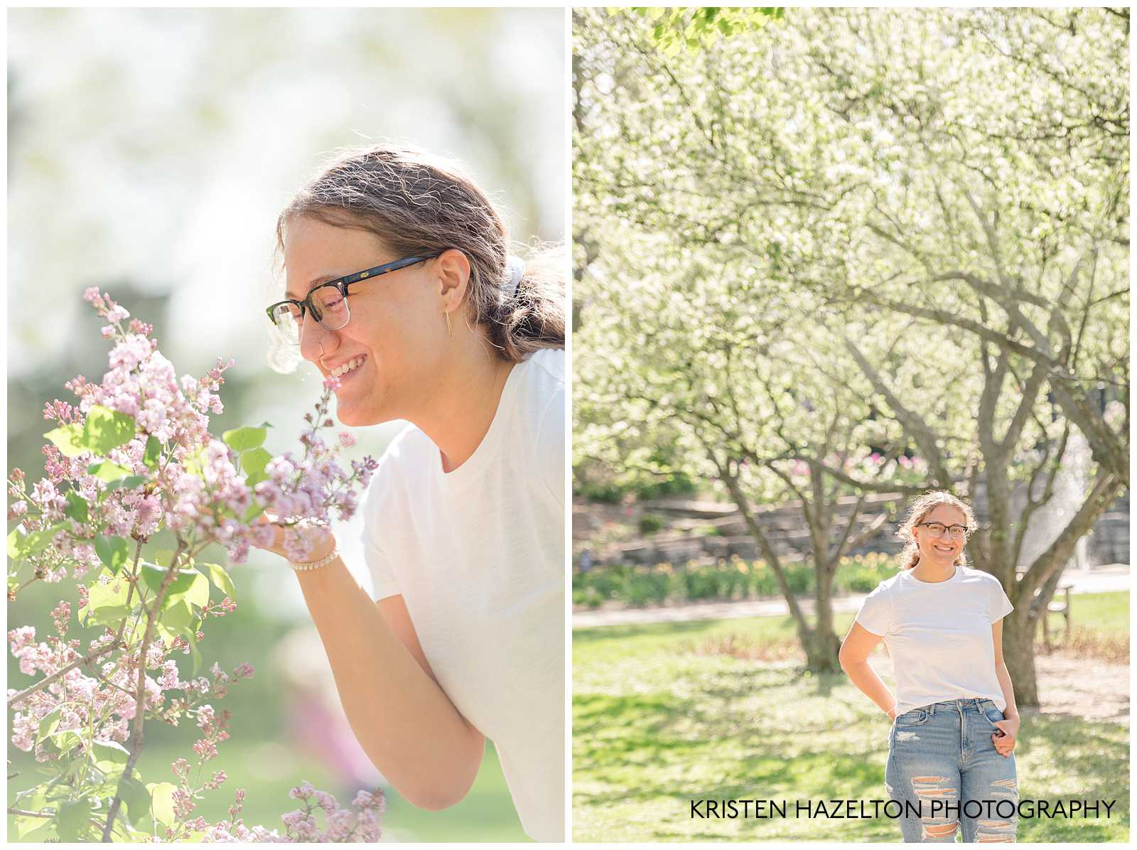 High school senior girl smelling lilacs by Lombard, IL photographer Kristen Hazelton