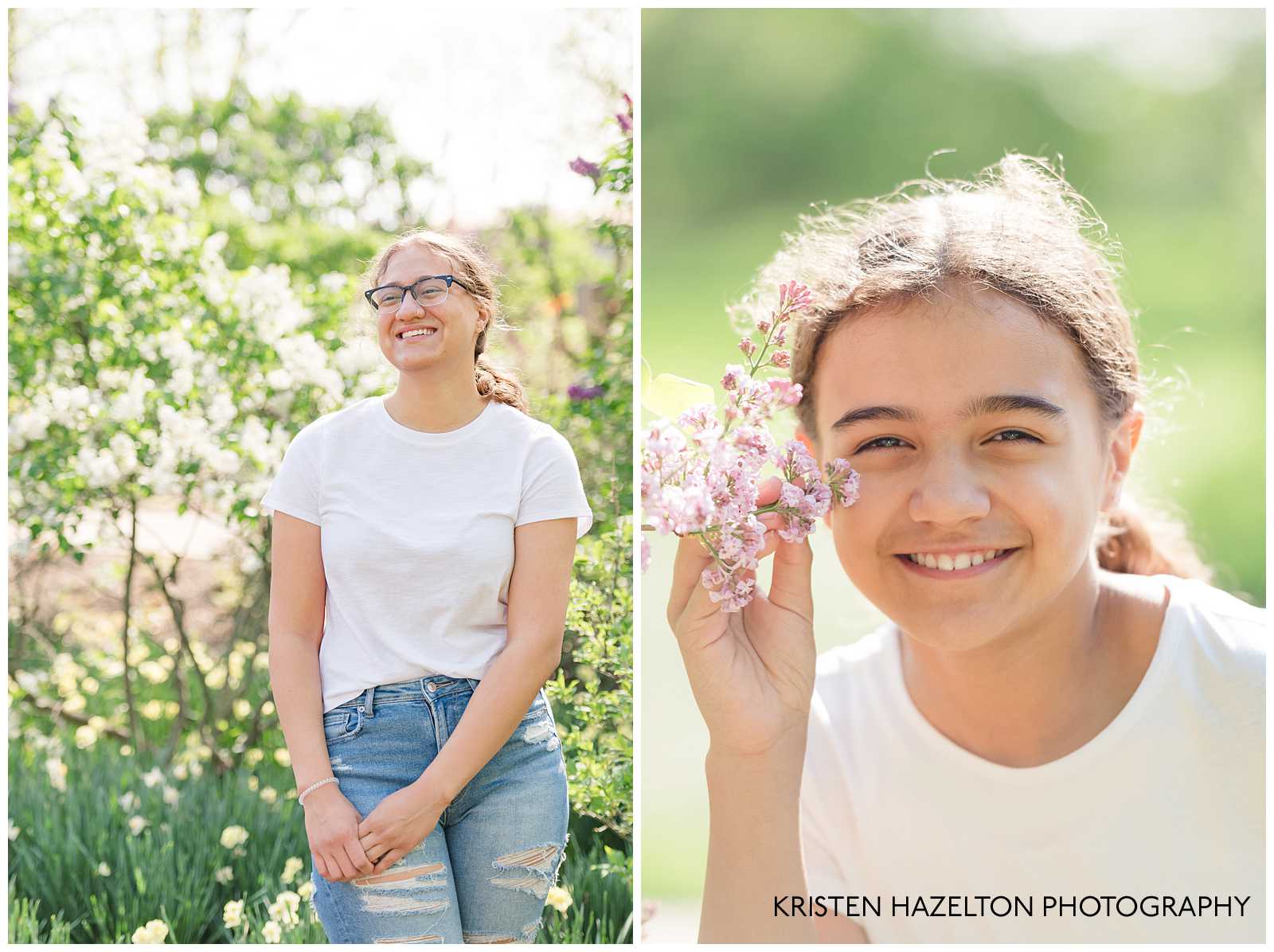 Teenage girls giggling in the lilacs at a mother's day photoshoot in Lombard, IL.