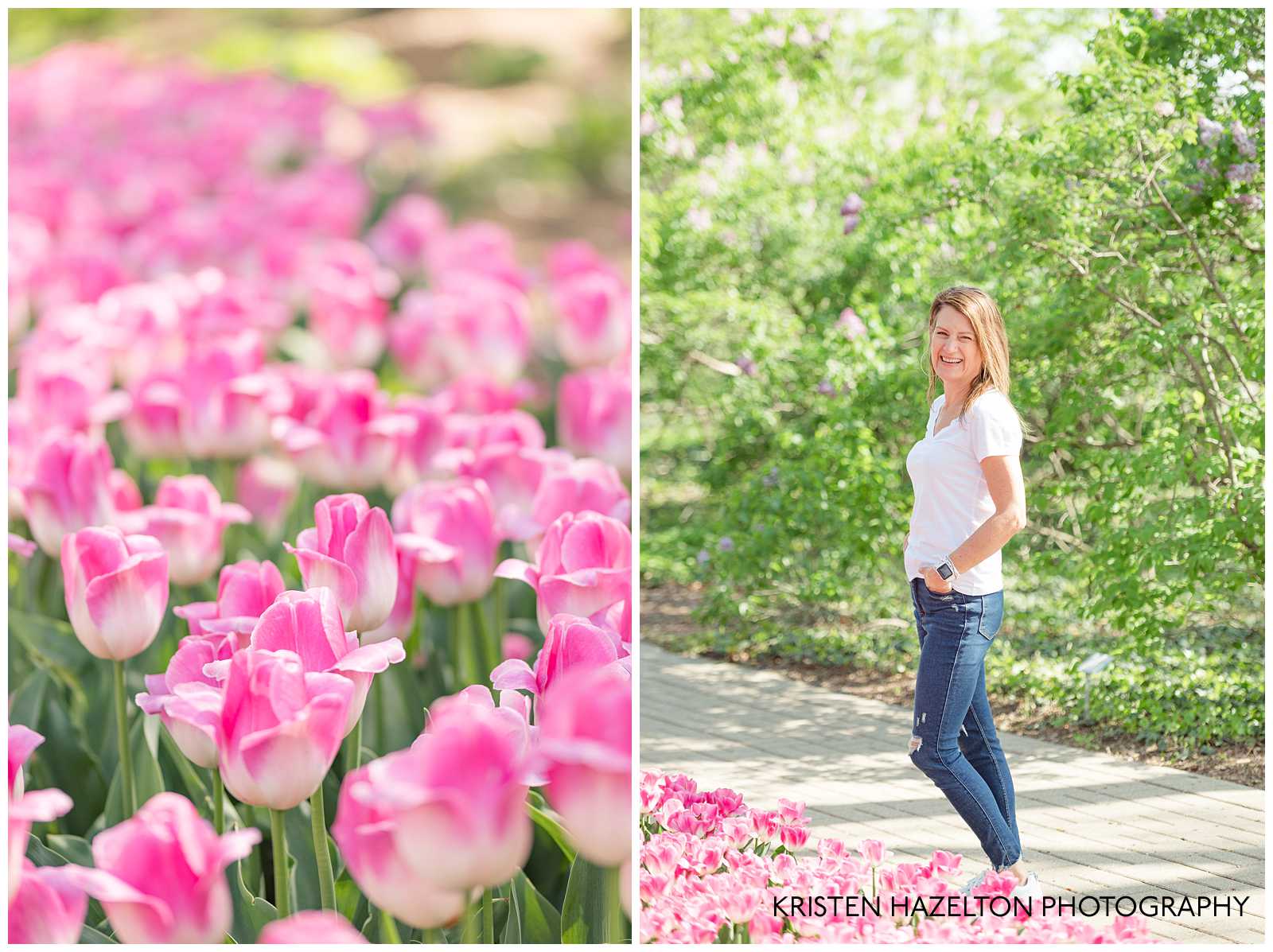Laughing woman with pink tulips by Lombard, IL photographer Kristen Hazelton
