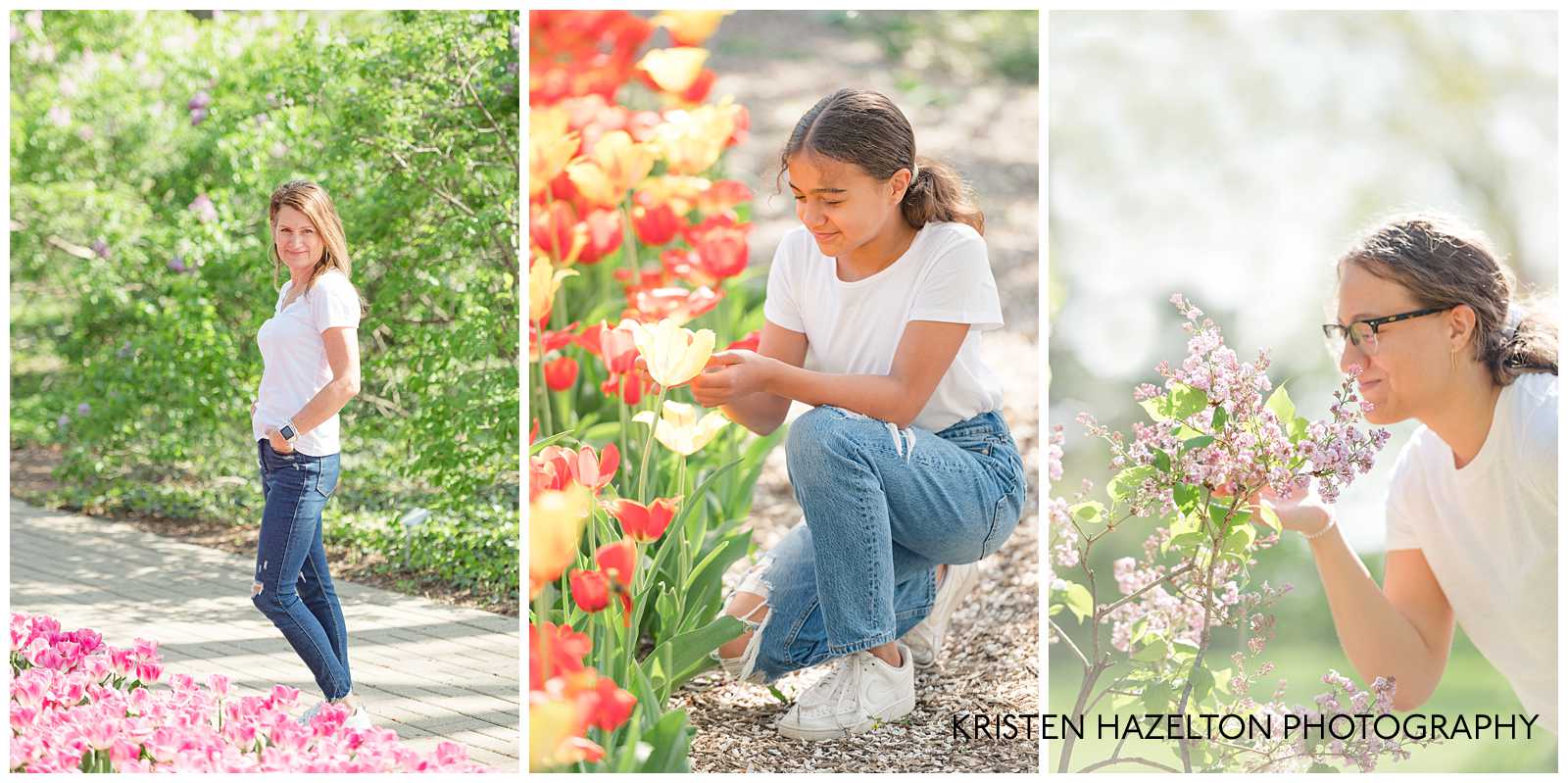 Mother and daughters investigating flowers at a mother's day photo shoot in Lombard, IL.
