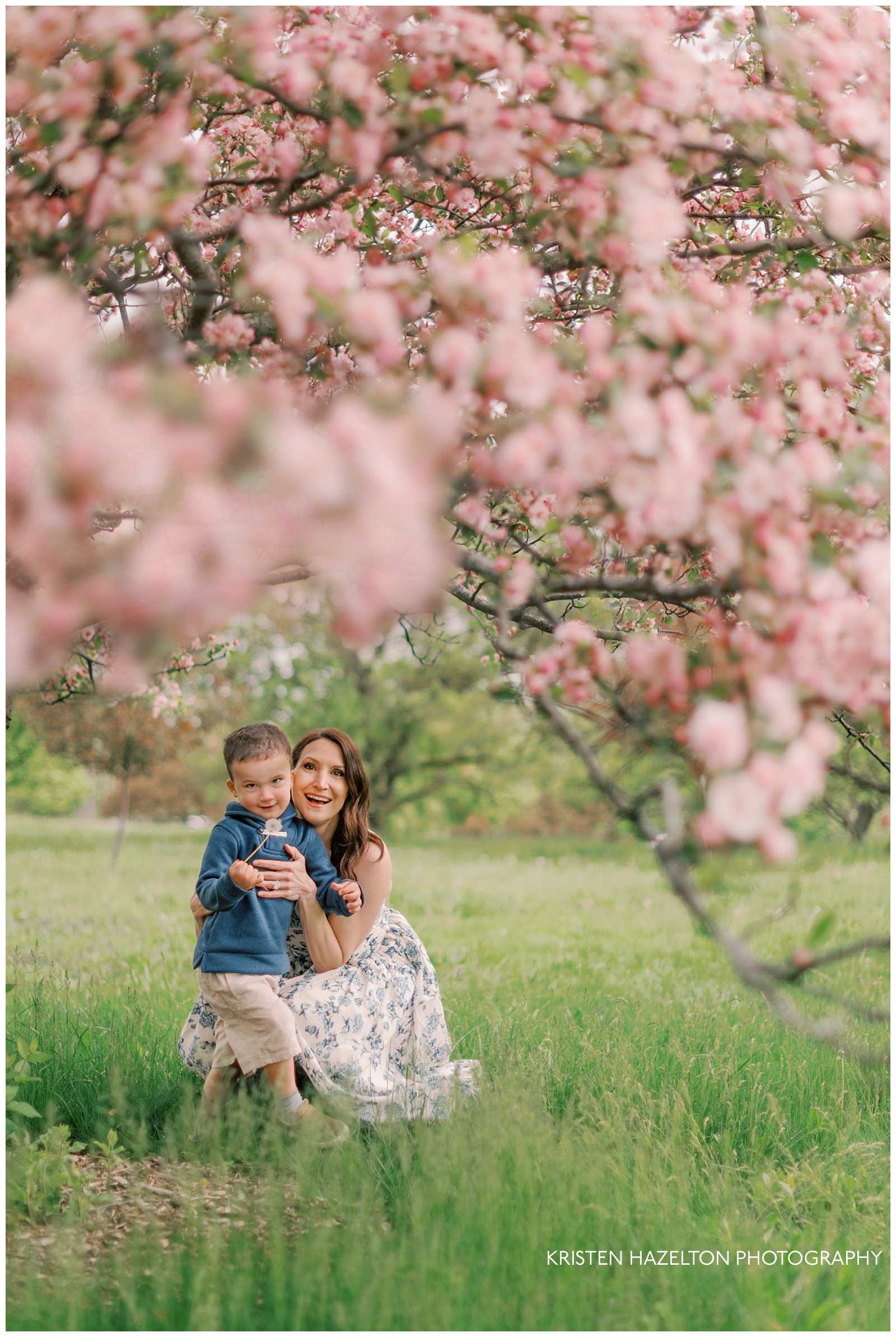 Mom and toddler son underneath a branch of pink crabapple blossoms for their Morton Arboretum photos