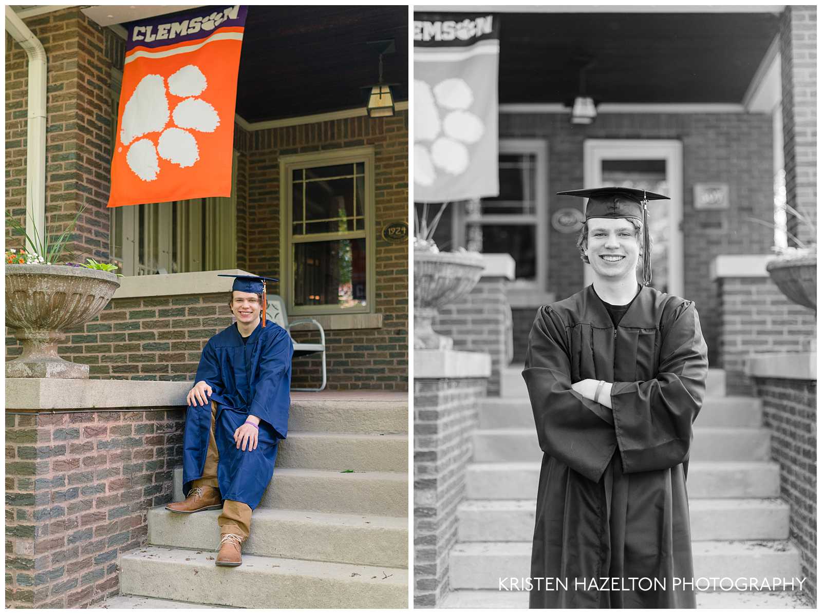 Class of 2021 High school senior boy sitting on a stair ledge for his at an Oak Park, IL cap and gown photo shoot