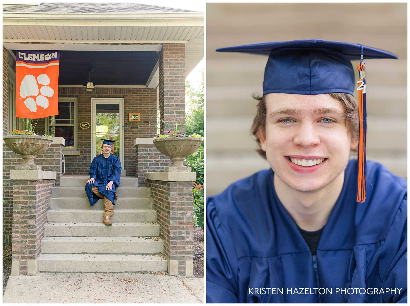 High school senior boy wearing his cap and gown with the Clemson University flag hung up in Oak Park, IL 