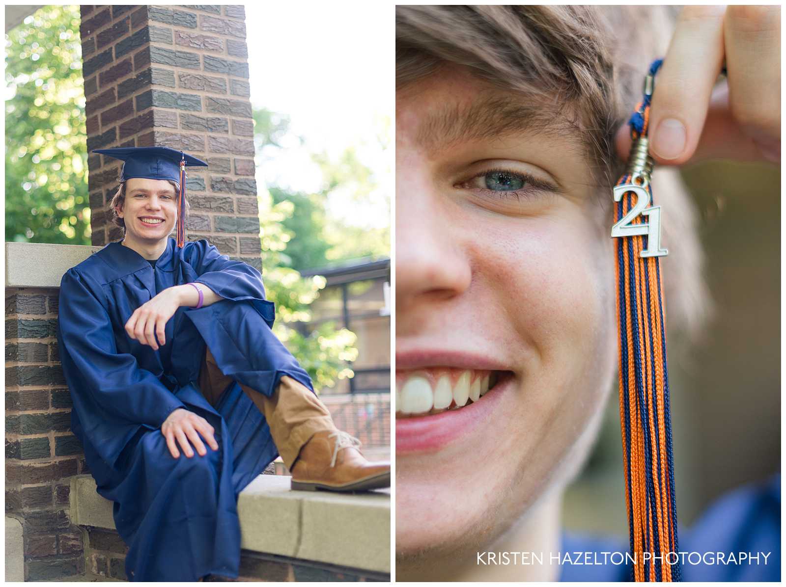 Class of 2021 High school senior boy sitting on a stair ledge for his at an Oak Park, IL cap and gown photo shoot