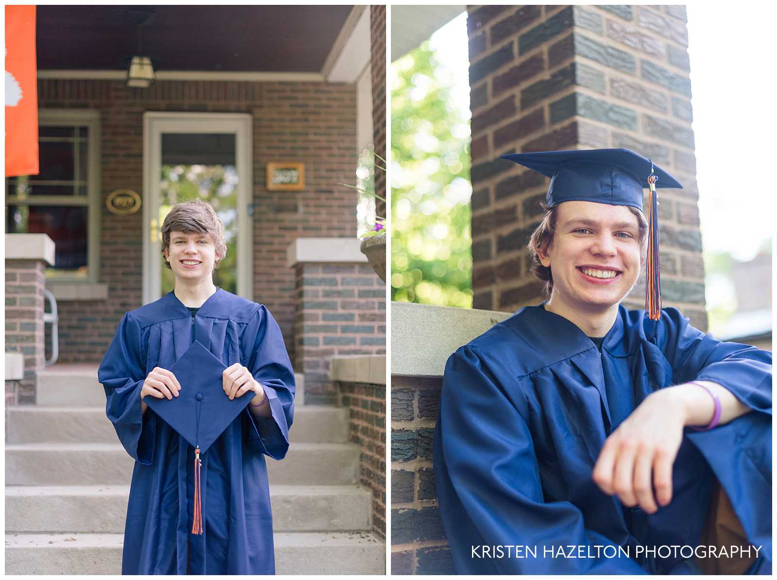 High school senior boy holding his cap at an Oak Park, IL cap and gown photo shoot