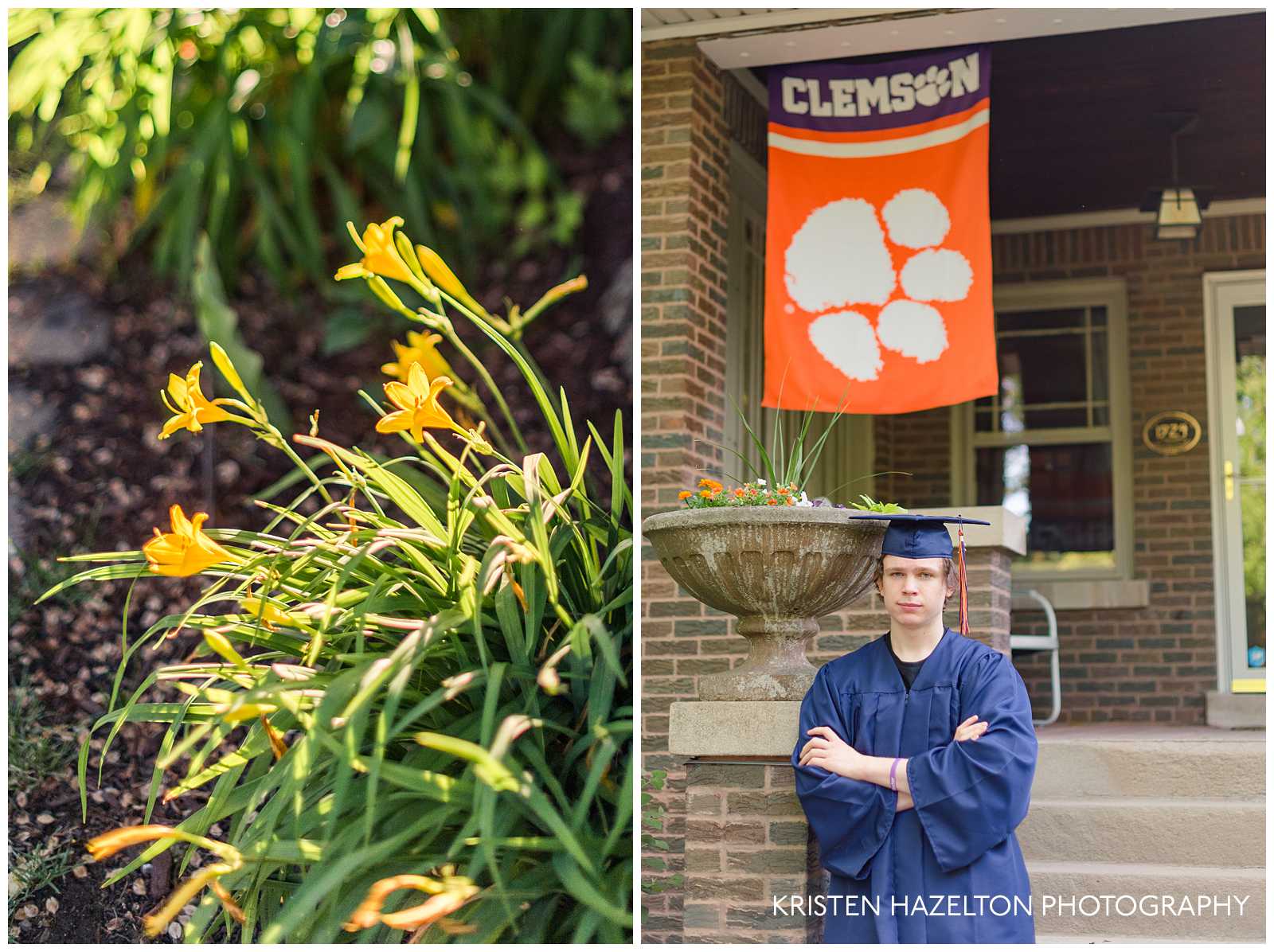 High school senior boy wearing cap and gown with Clemson university flag in the background