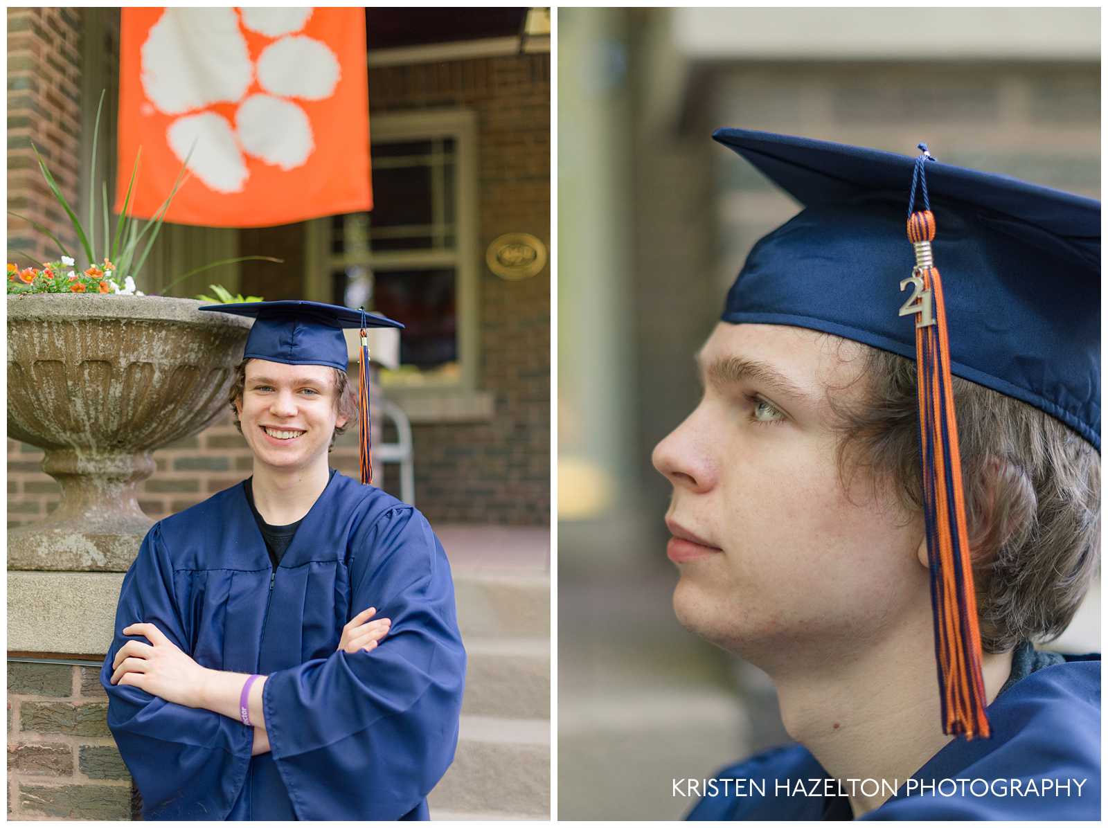 High school senior boy wearing cap and gown with university flag in the background