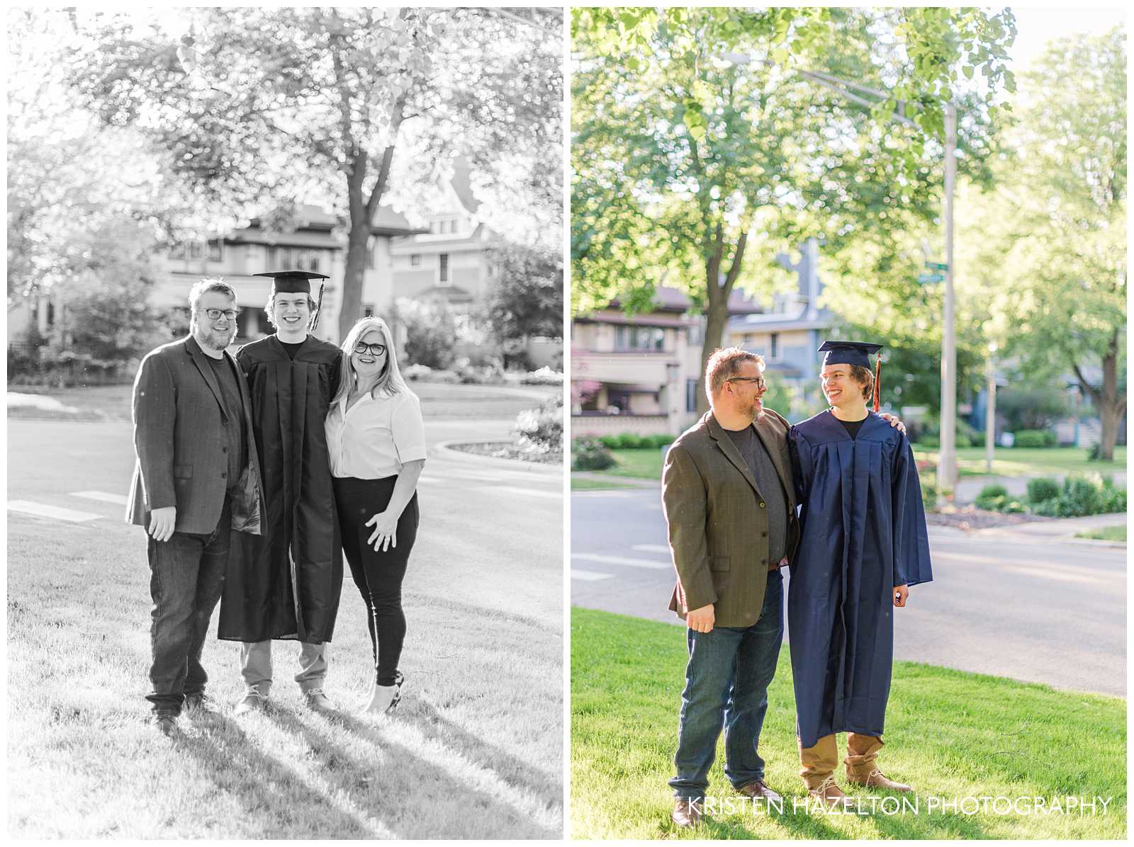 Black and white family photos with male high school graduate at a Oak Park, IL cap and gown photoshoot