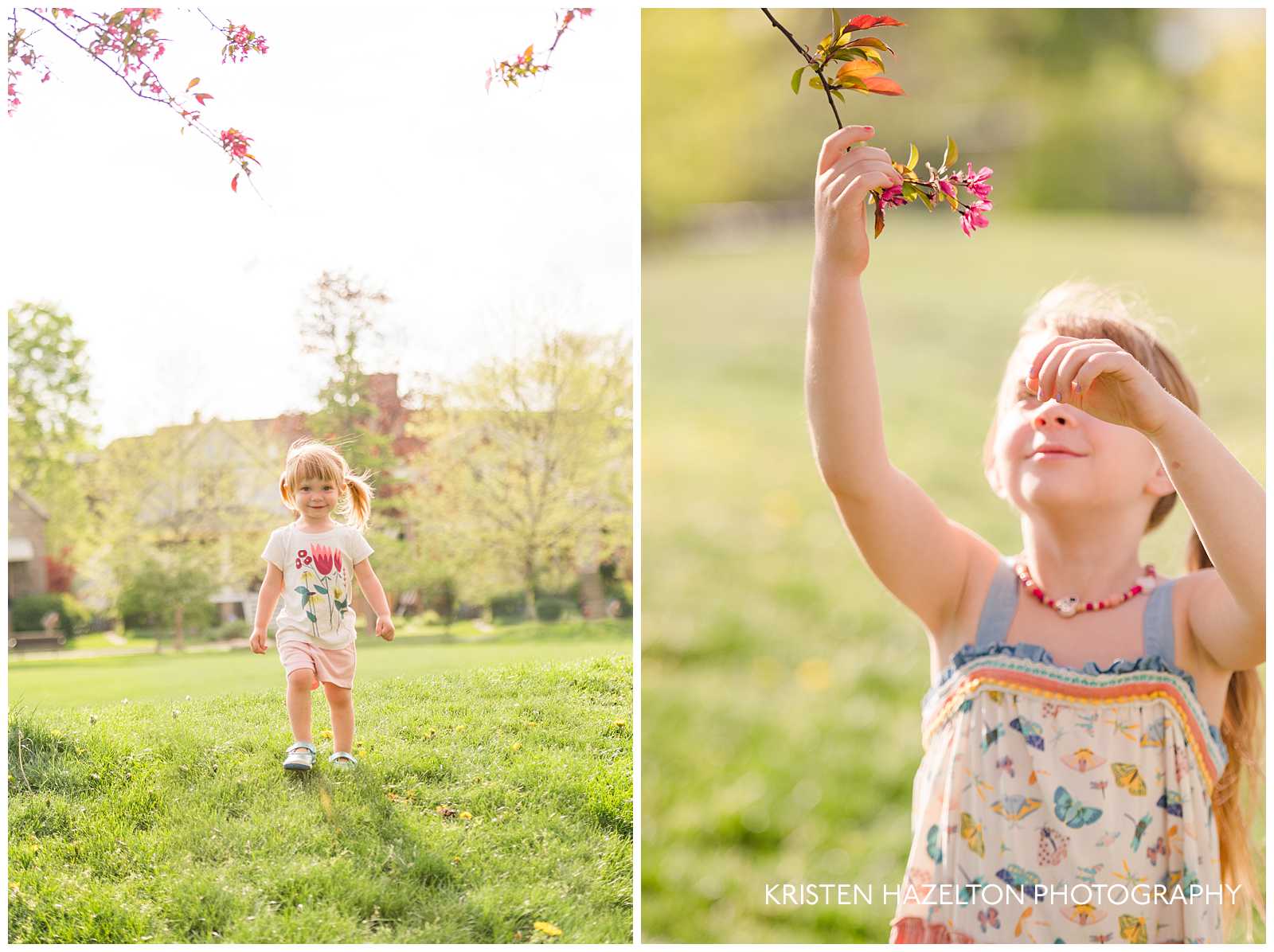 Young girl reaching for a crabapple blossom branch