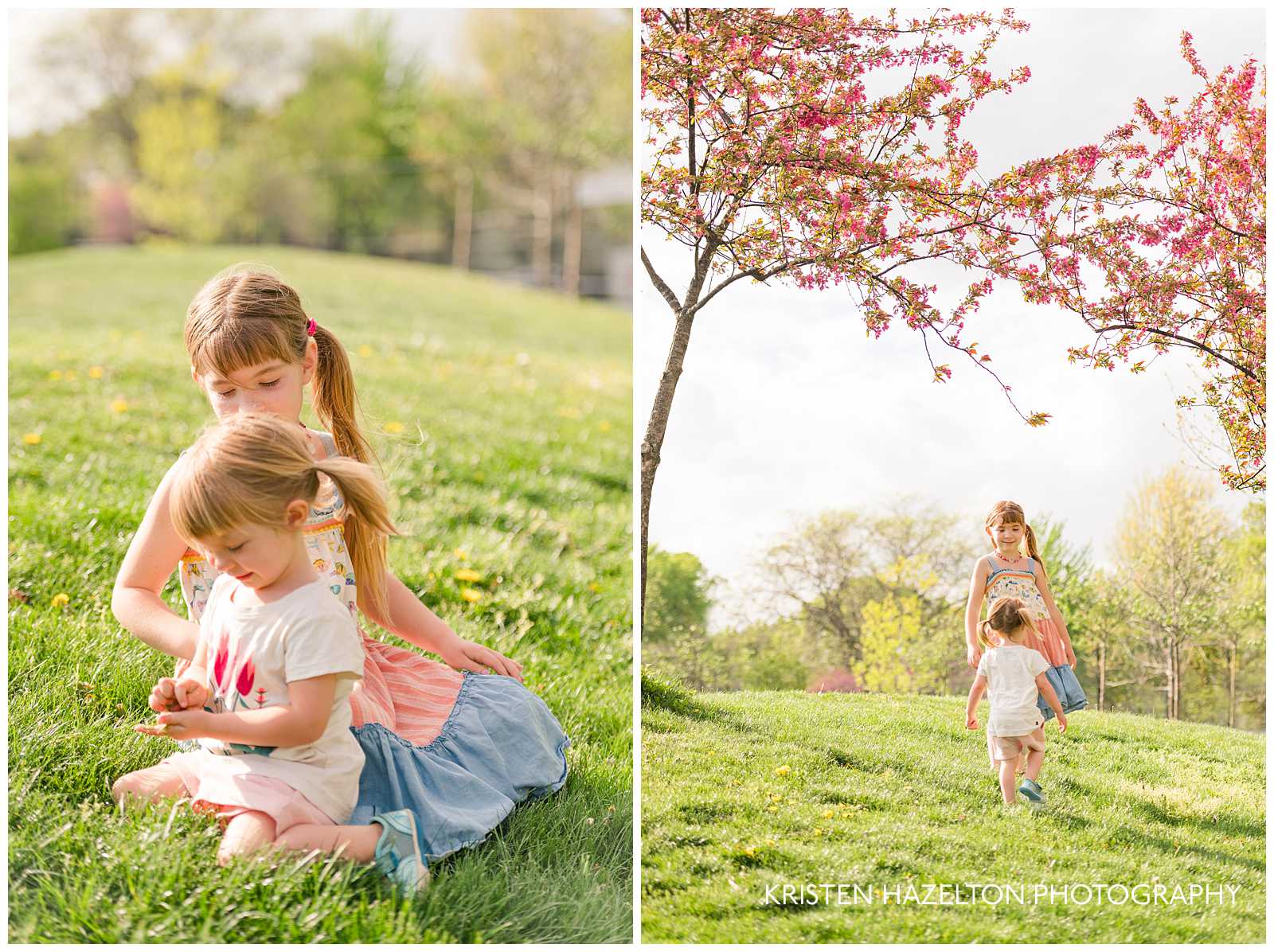 Euclid Square Park family photos of a younger and older sister playing under pink crabapple blossoms.