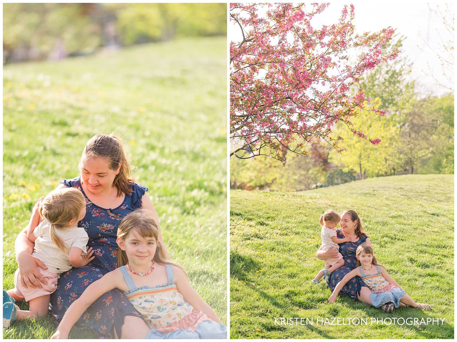 Euclid Square Park family photos of a mother and daughters hugging under pink crabapple blossoms