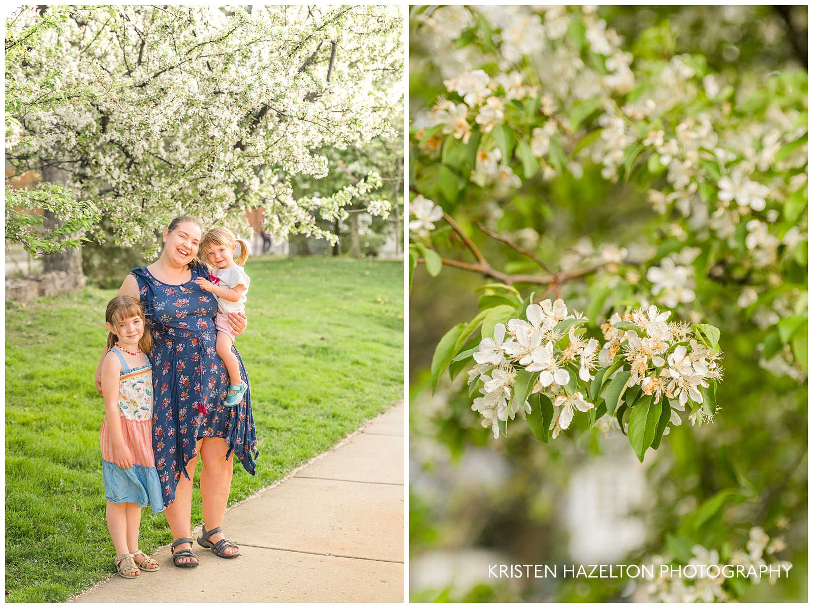 Mother and two daughters under a white crabapple tree