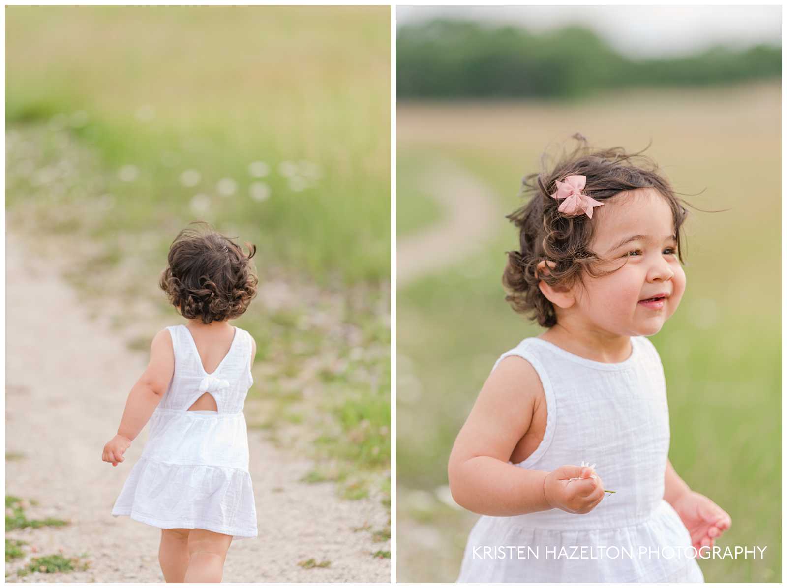 Happy toddler girl exploring an Illinois meadow