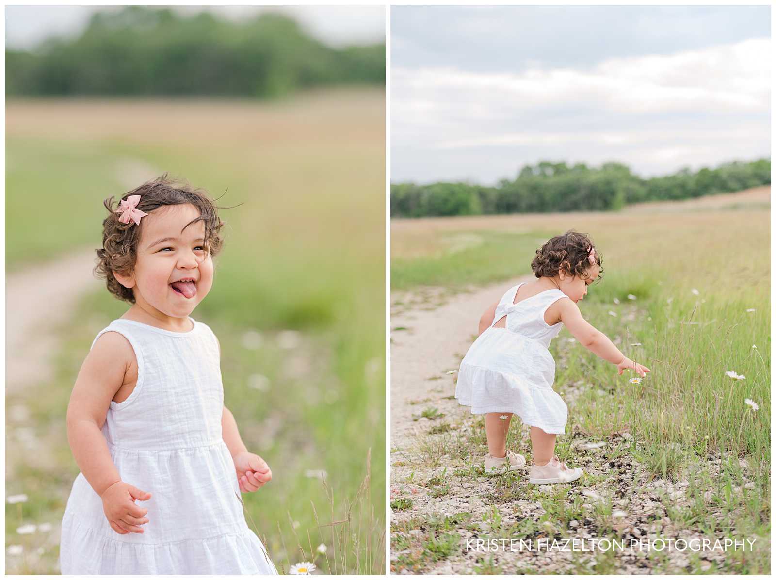Toddler girl picking flowers by Forest Park, IL photographer Kristen Hazelton