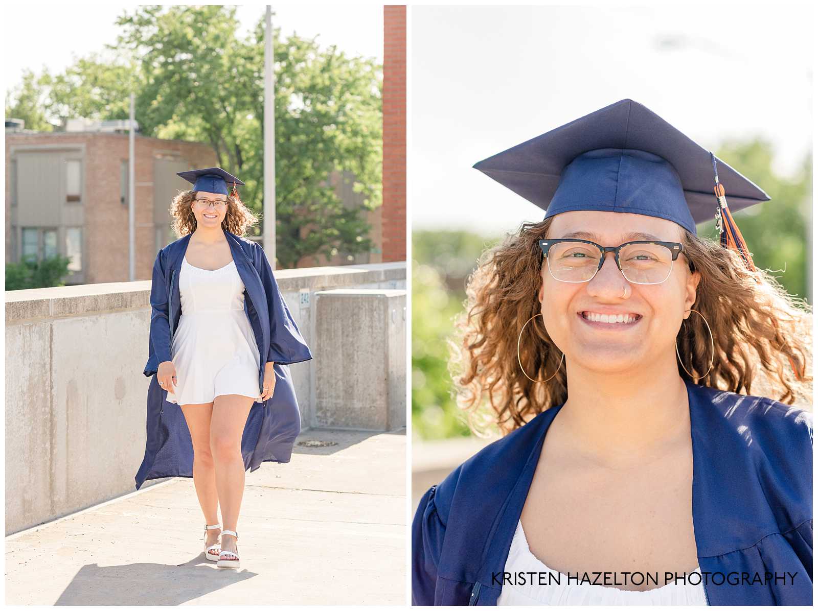 High school senior girl walking while wearing her cap and gown