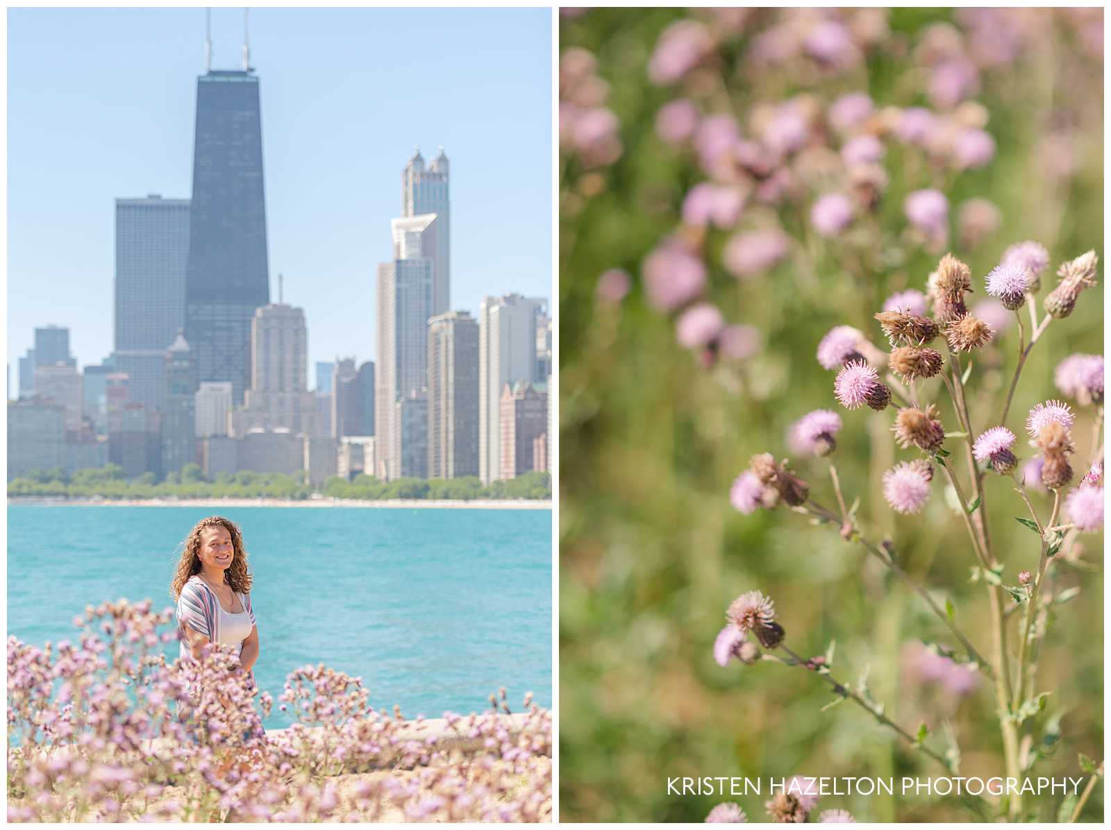 High school senior portraits at North Avenue Beach with Chicago city skyline and purple flowers
