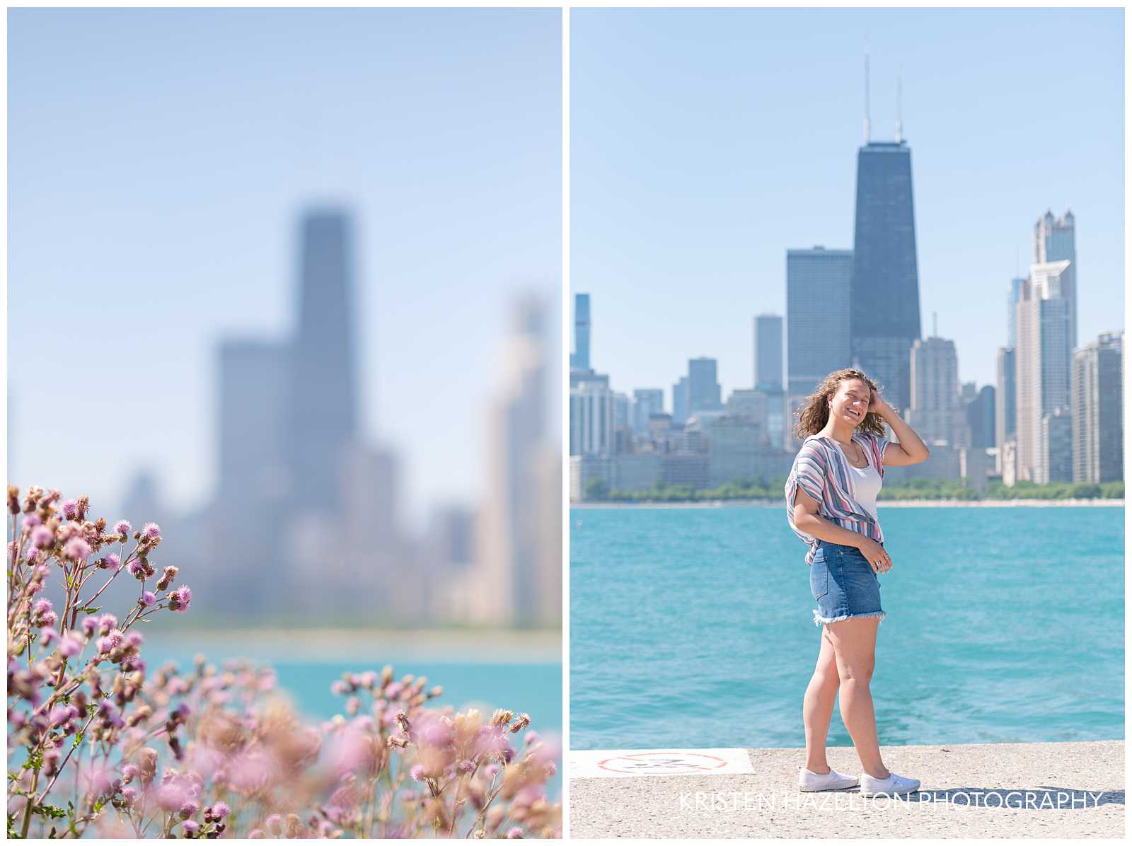 High school senior portraits with the Chicago skyline and purple flowers