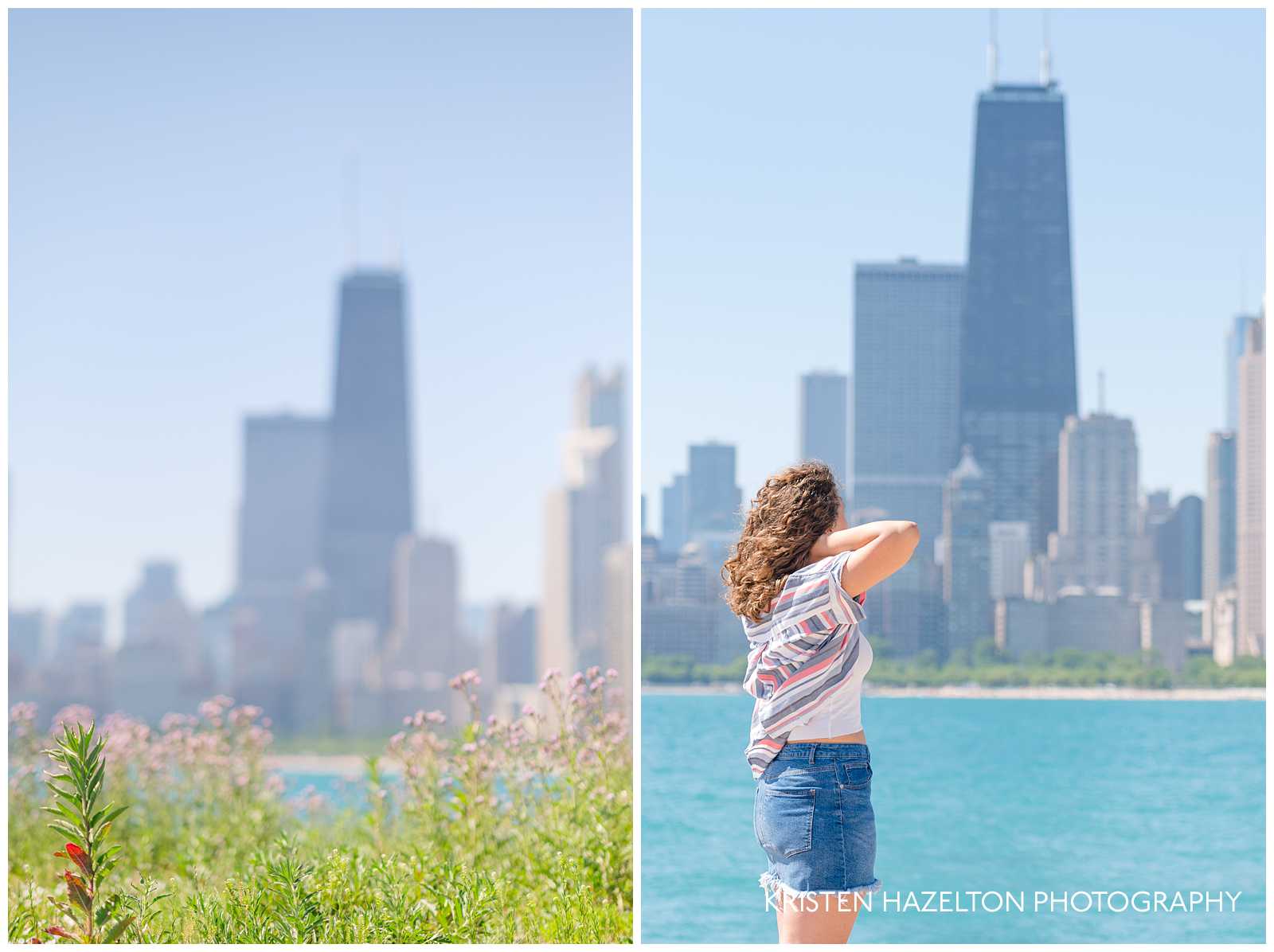 High school senior girl looking off at the Chicago skyline