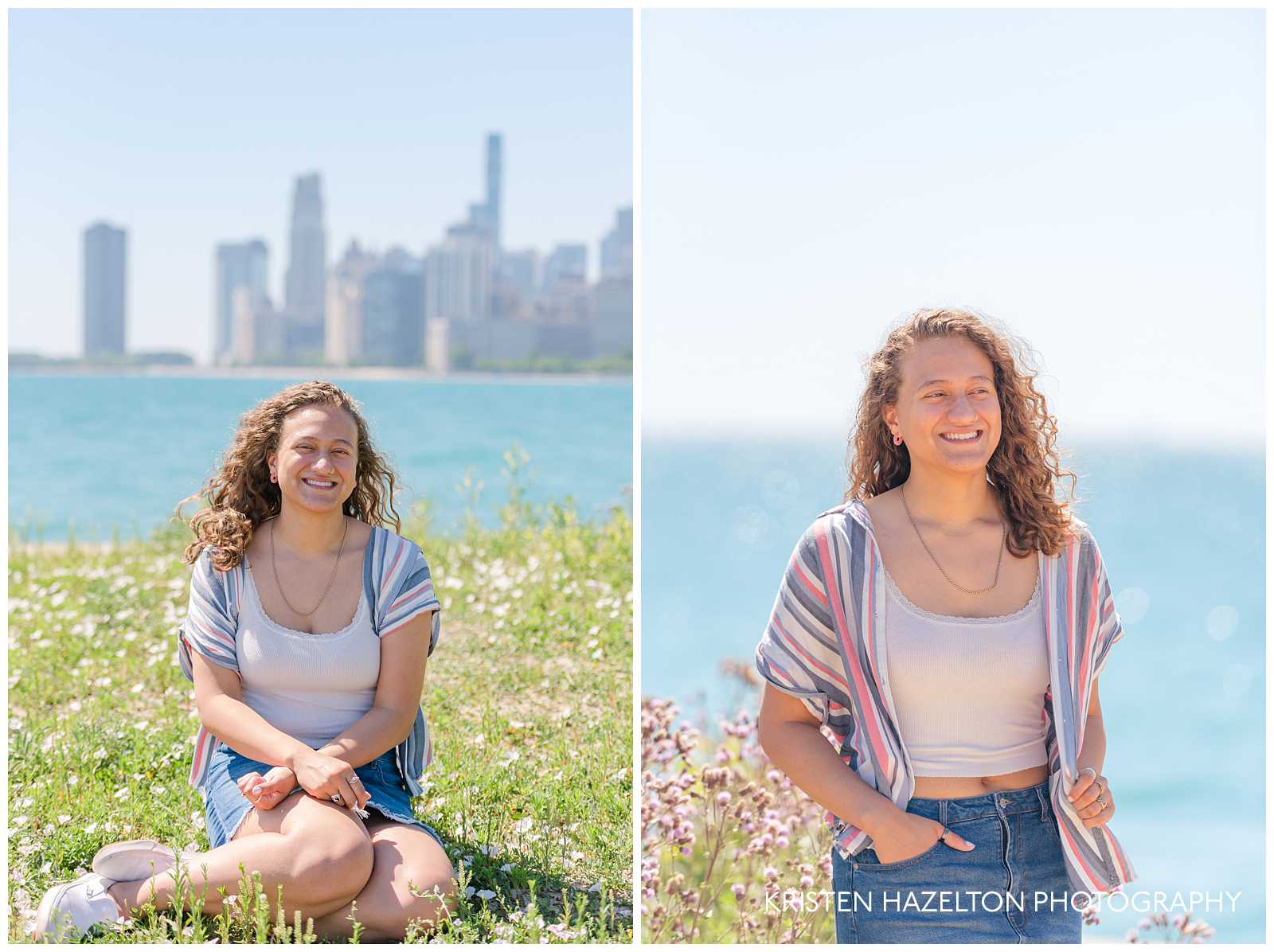Happy high school senior girl with Lake Michigan and flowers