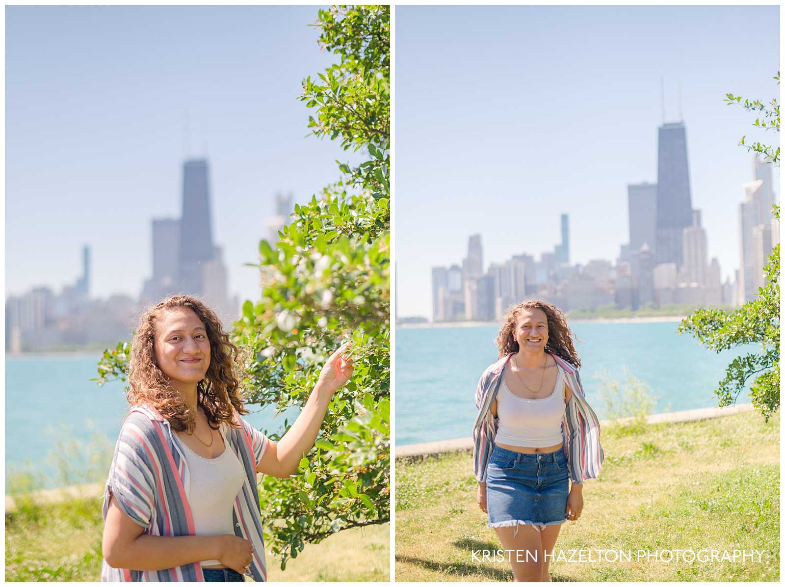 High school senior girl investigating fruits on a Chinese Elm tree in front of the Chicago skyline