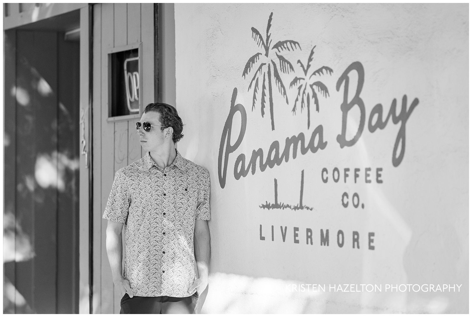 Downtown Livermore photos - senior guy portraits outside of the Panama Bay coffee shop