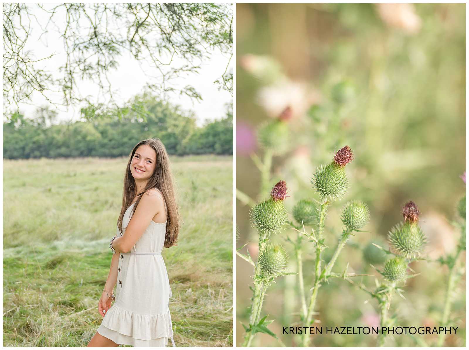 Teenage girl wearing a white dress standing in a field by Elmhurst, IL photographer Kristen Hazelton