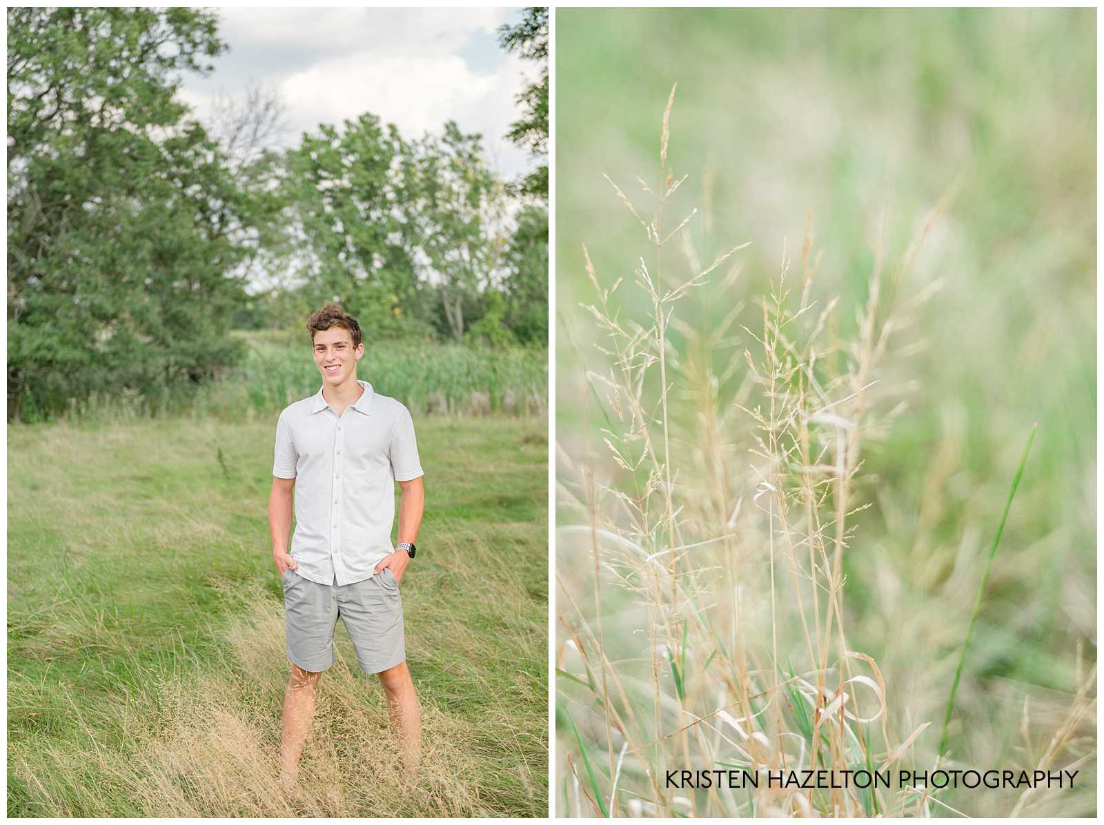 Young man wearing a white shirt standing in a field by Elmhurst, IL photographer Kristen Hazelton