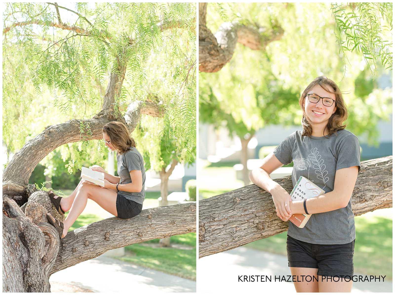 High school senior portraits reading books in a tree
