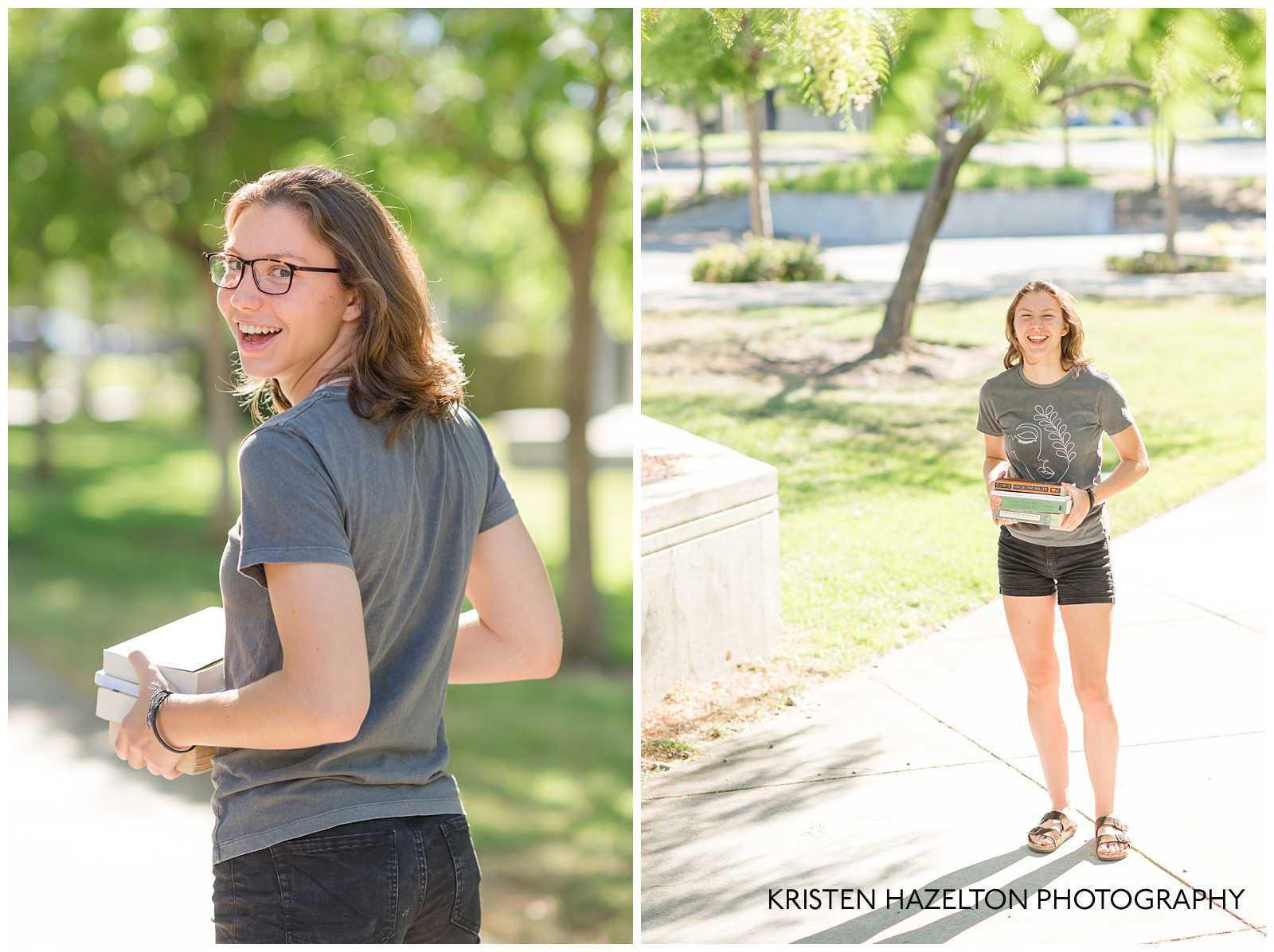 High school senior girl holding books and smiling for her Livermore Library Senior Portraits