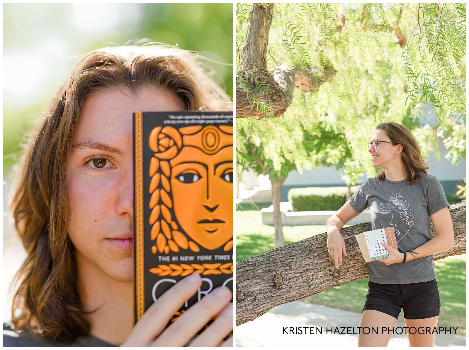 High School senior girl with a book covering one eye for her Livermore Library Senior Portraits