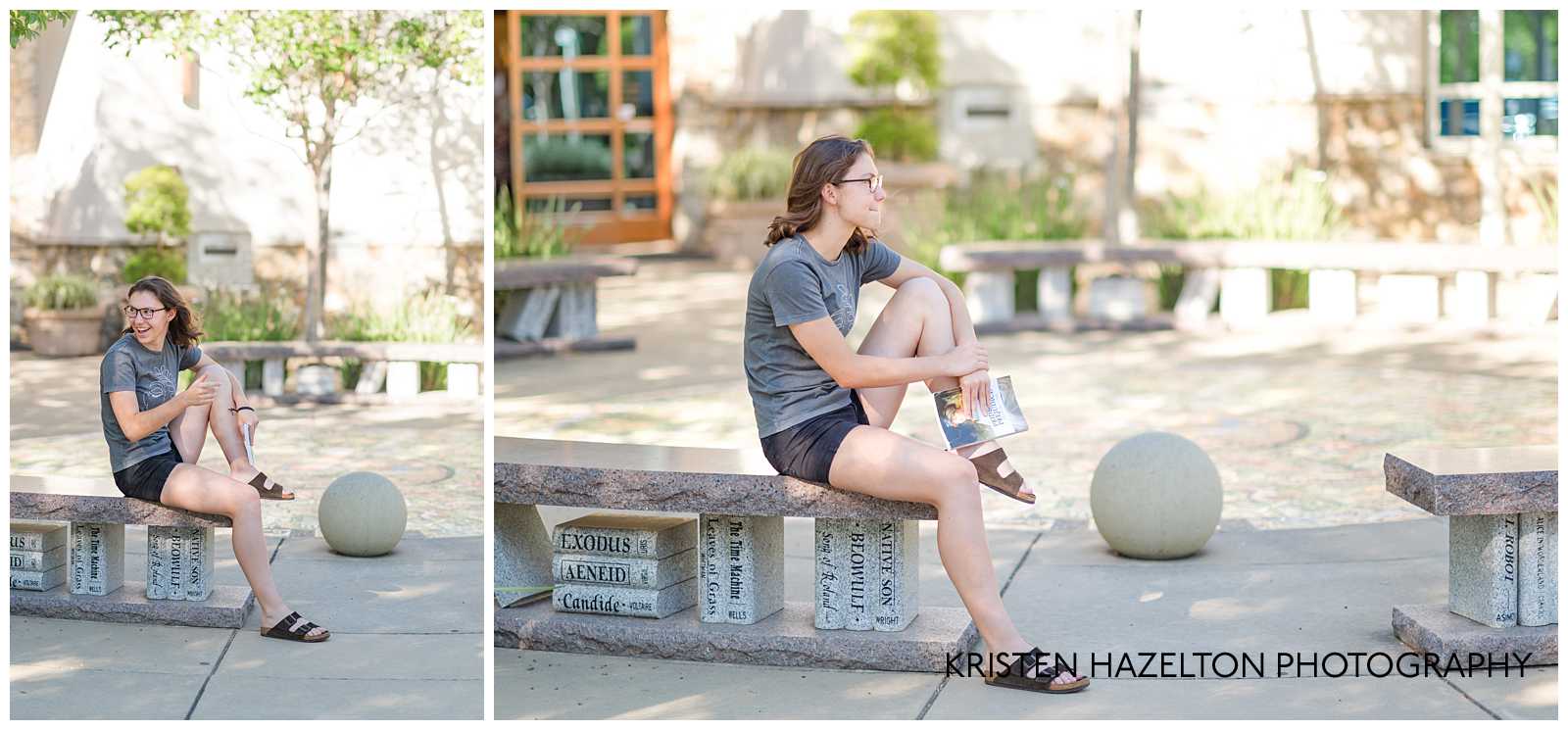 High school senior girl seated on book benches