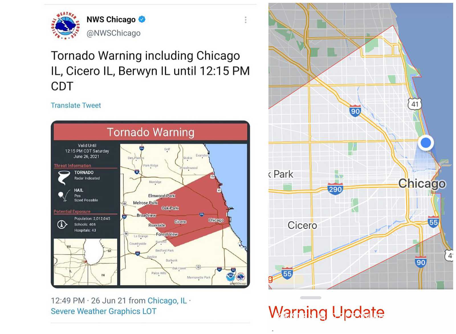 Map showing Chicago Tornado warning on June 26, 2021