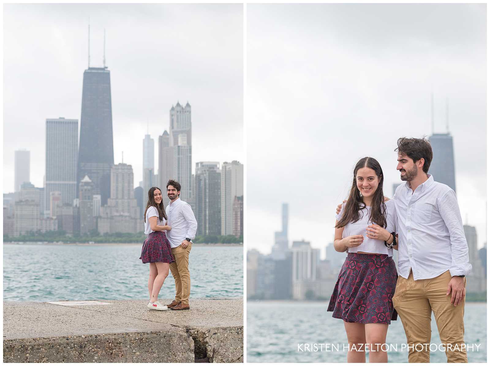 Happy newly engaged couple in front of the Chicago skyline