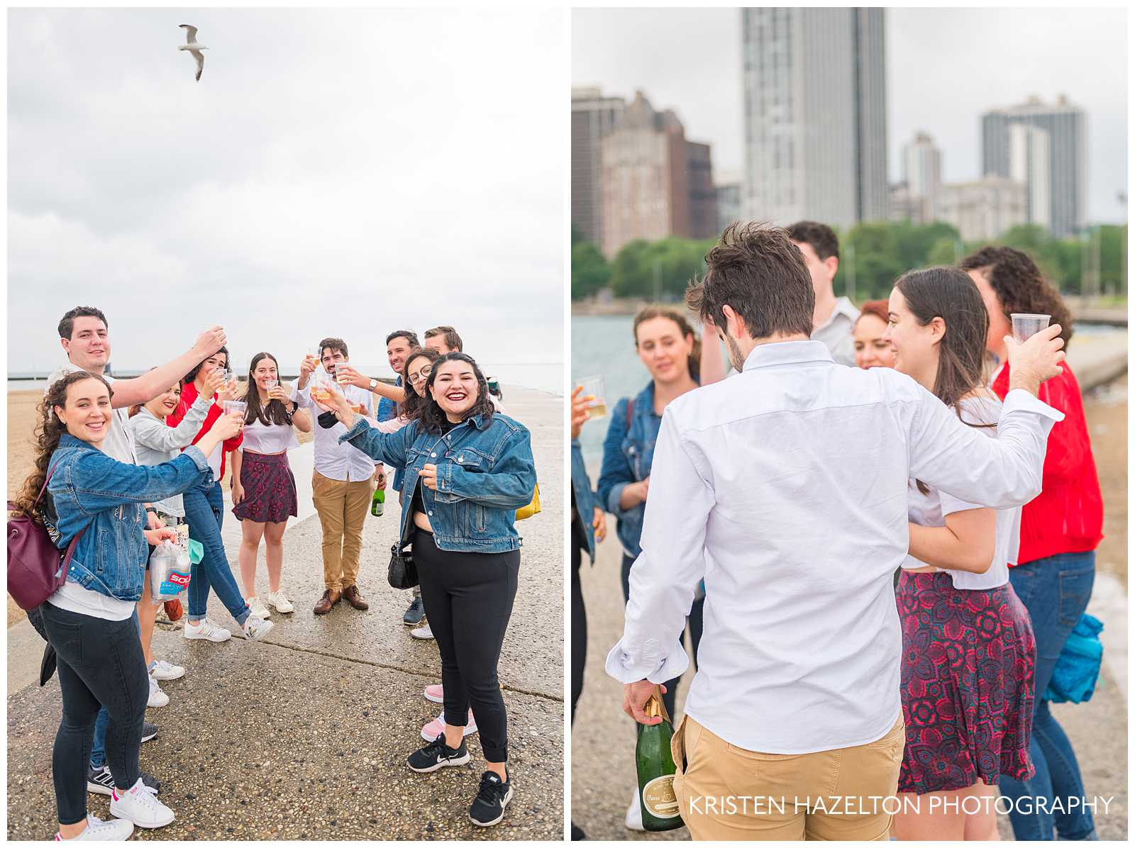 Friends toasting a couple with champagne during a surprise proposal at North Avenue Beach